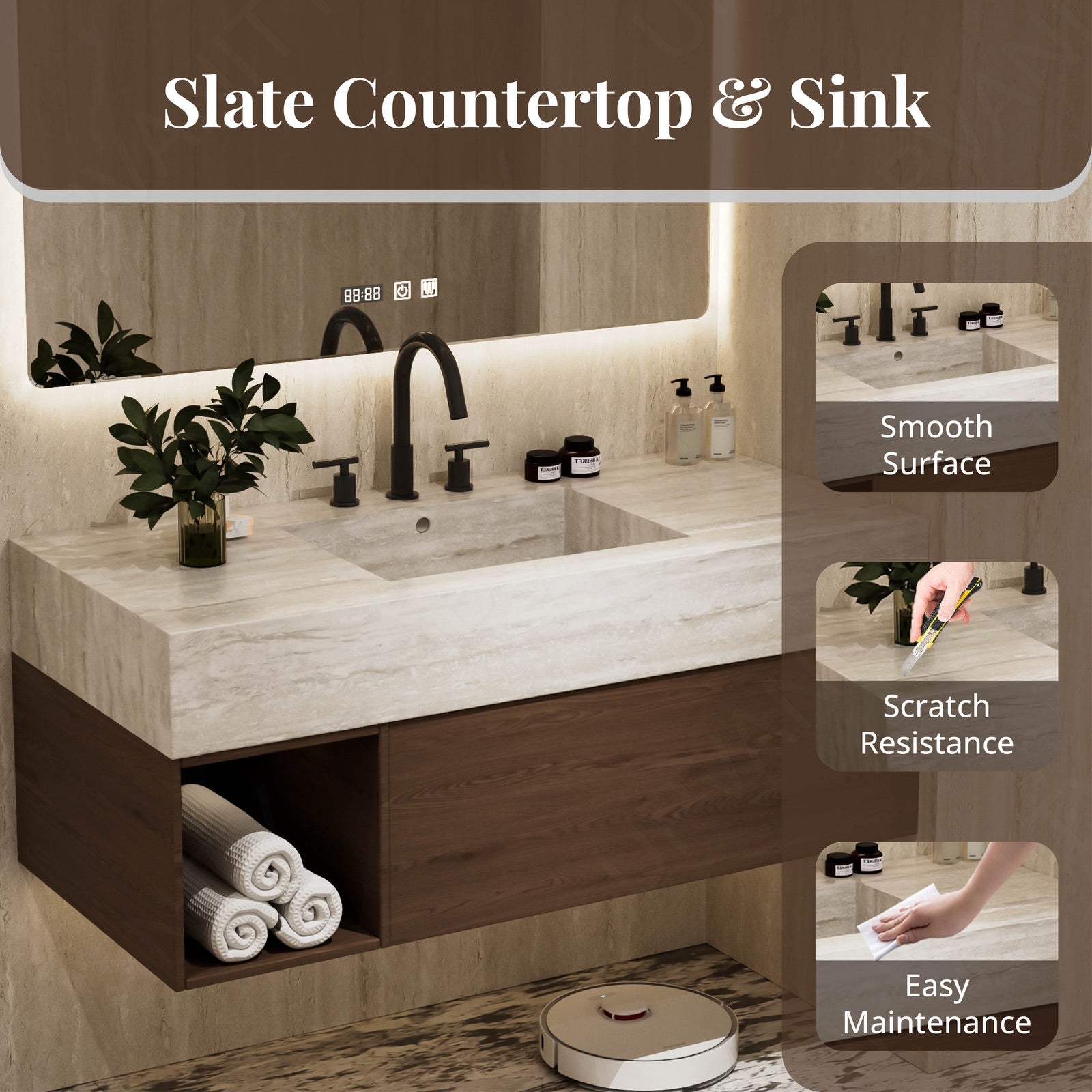 Modern Bath Vanity Set, Walnut, Beige Travertine Top, 40"-64", Single, Floating, Open Storage, Rectangular Smart LED Mirror