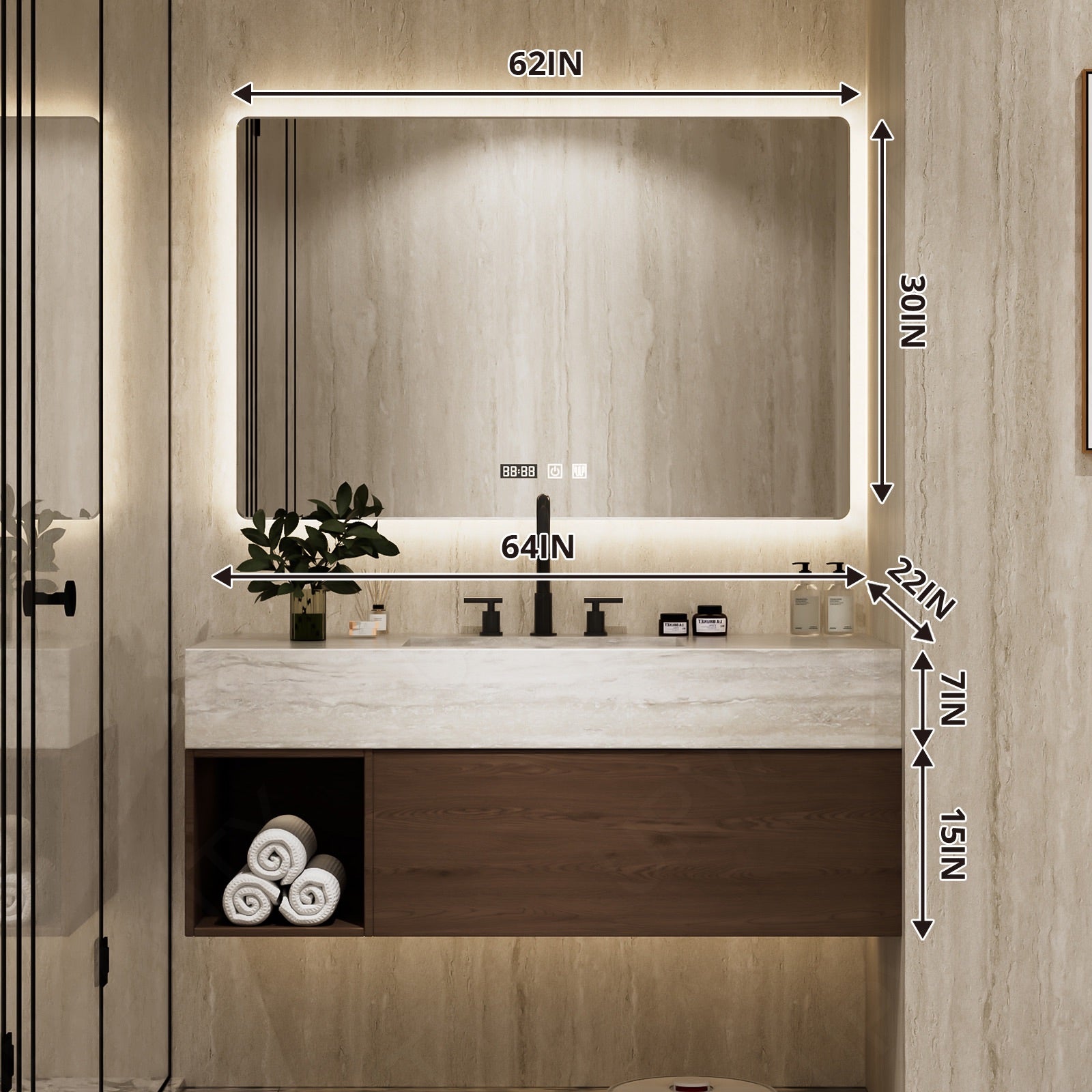 Modern Bath Vanity Set, Walnut, Beige Travertine Top, 40"-64", Single, Floating, Open Storage, Rectangular Smart LED Mirror