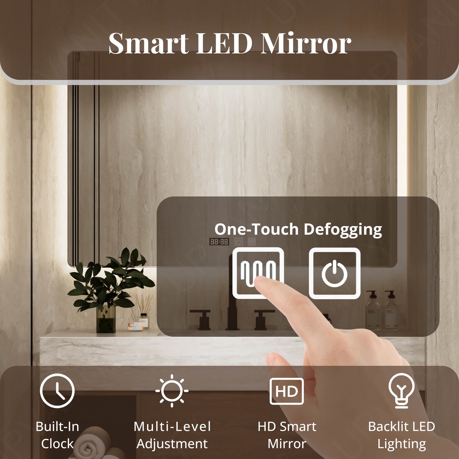 Modern Bath Vanity Set, Walnut, Beige Travertine Top, 40"-64", Single, Floating, Open Storage, Rectangular Smart LED Mirror