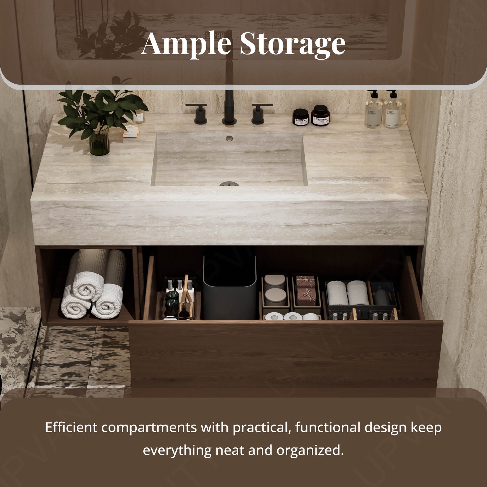 Modern Bath Vanity Set, Walnut, Beige Travertine Top, 40"-64", Single, Floating, Open Storage, Rectangular Smart LED Mirror