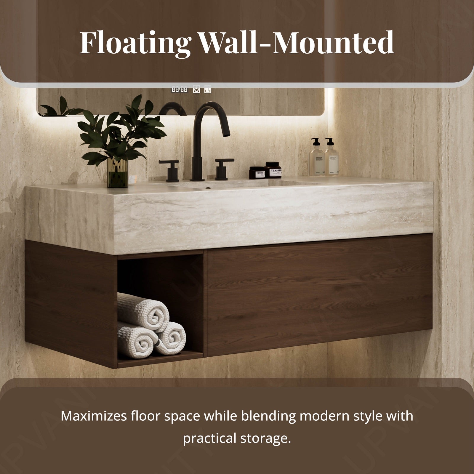 Modern Bath Vanity Set, Walnut, Beige Travertine Top, 40"-64", Single, Floating, Open Storage, Rectangular Smart LED Mirror