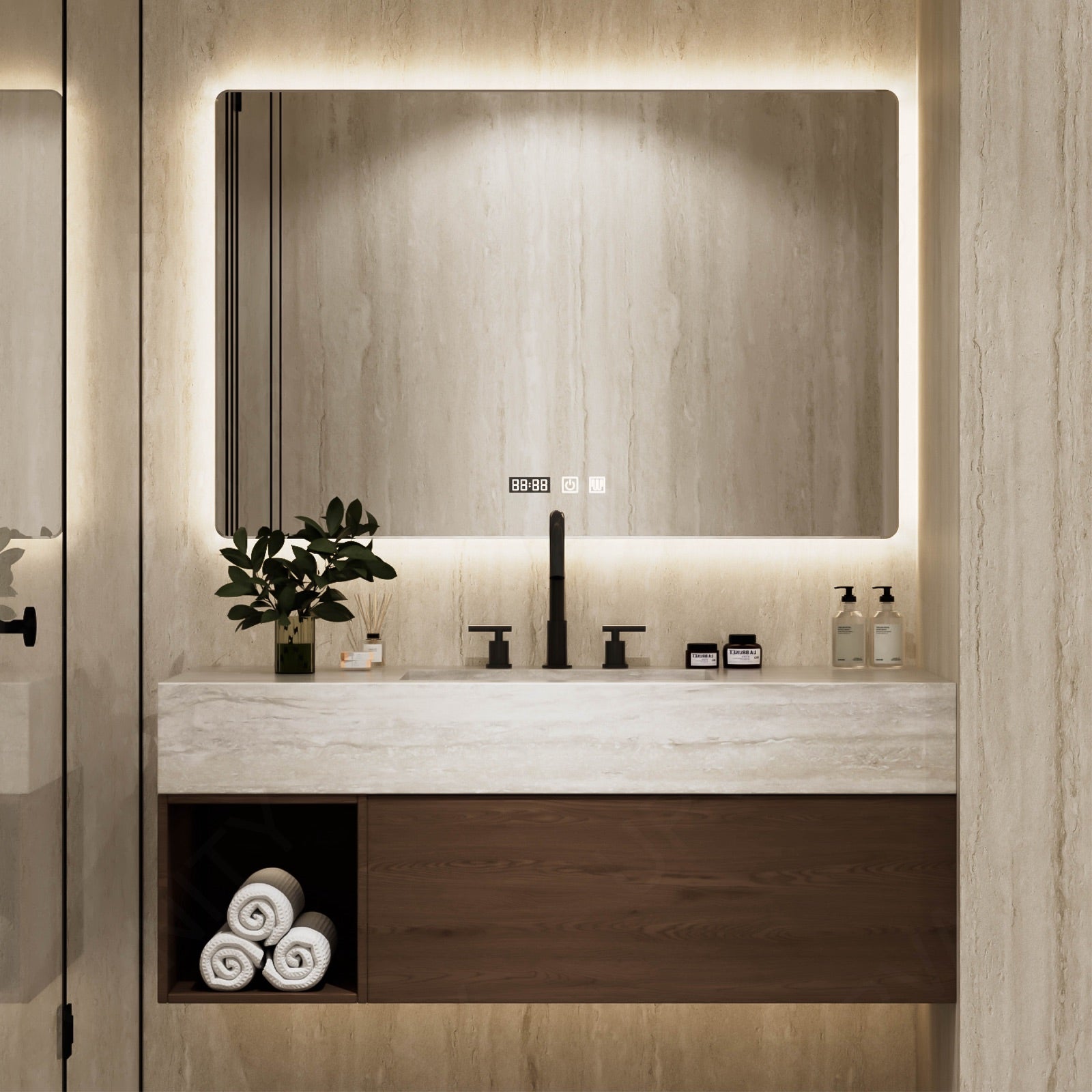 Modern Bath Vanity Set, Walnut, Beige Travertine Top, 40"-64", Single, Floating, Open Storage, Rectangular Smart LED Mirror
