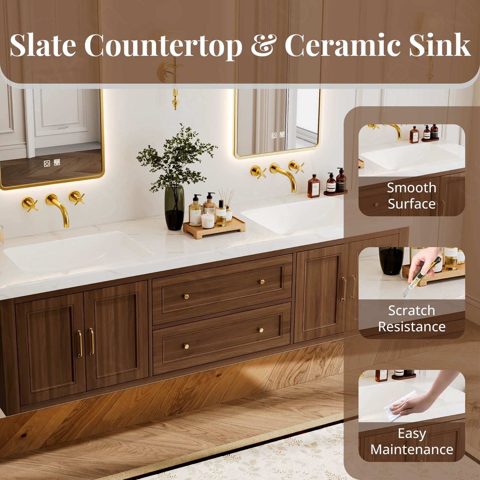 Modern Bath Vanity Set, Walnut , White Slate Top, 72"-104", Double, Floating, Gold Accents, Dual Smart LED Mirror