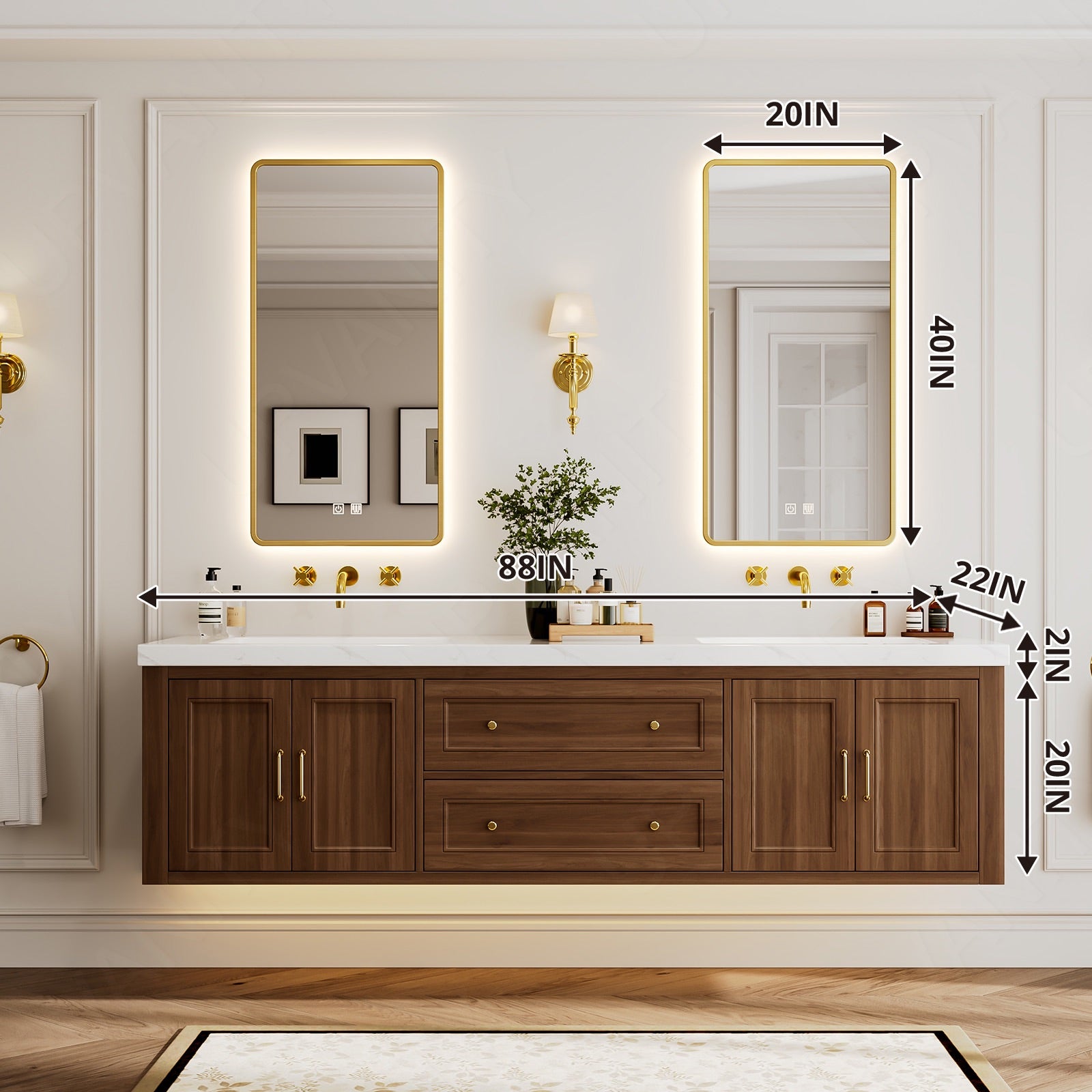 Modern Bath Vanity Set, Walnut , White Slate Top, 72"-104", Double, Floating, Gold Accents, Dual Smart LED Mirror