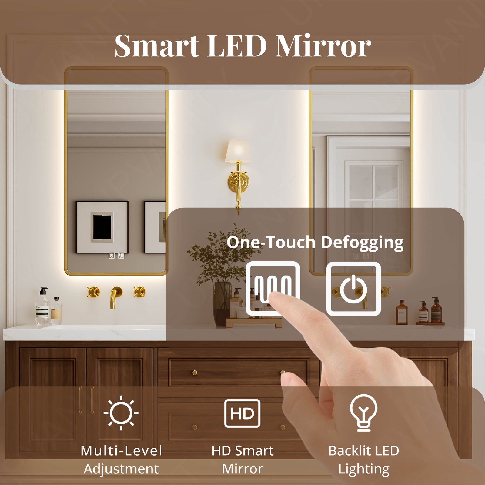 Modern Bath Vanity Set, Walnut , White Slate Top, 72"-104", Double, Floating, Gold Accents, Dual Smart LED Mirror