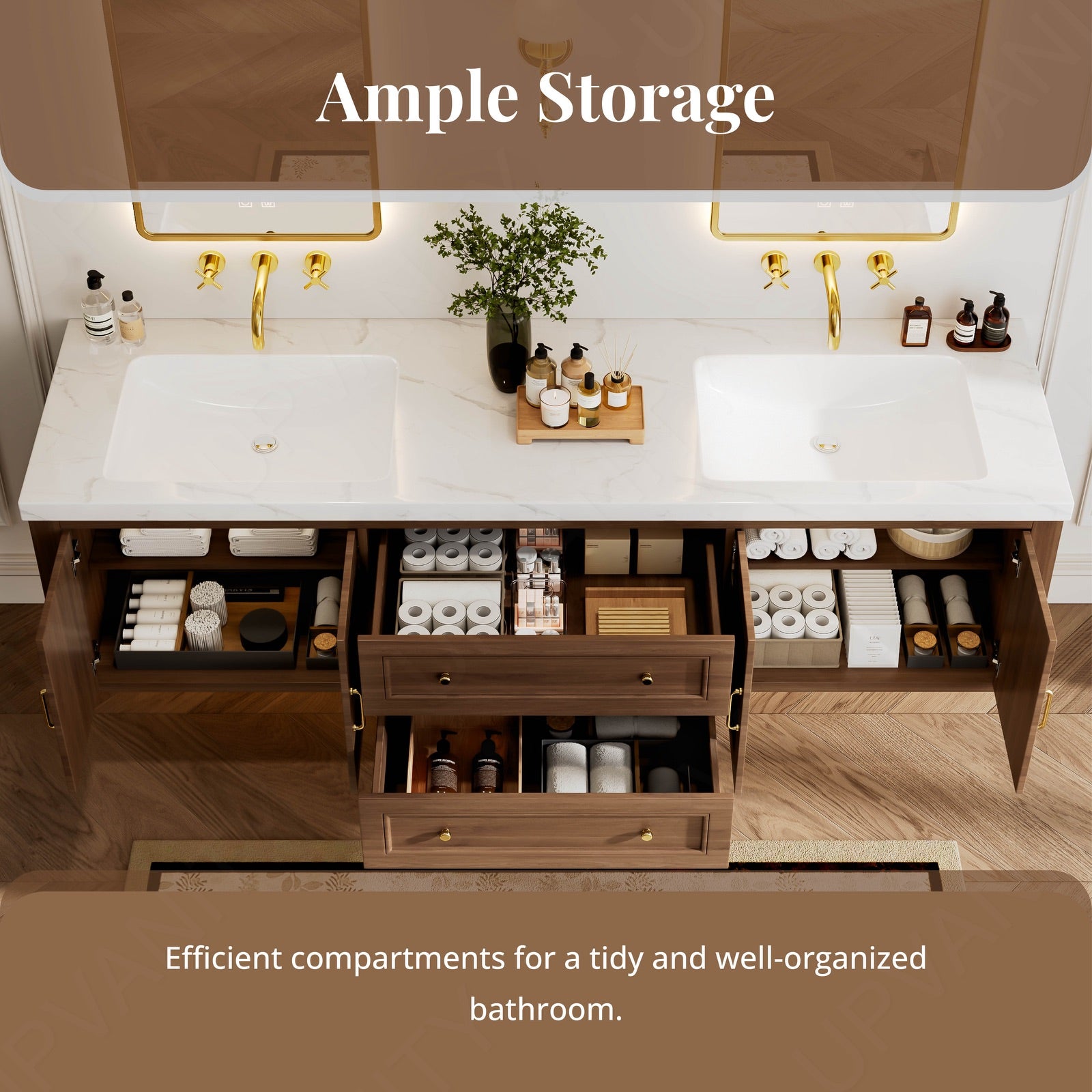Modern Bath Vanity Set, Walnut , White Slate Top, 72"-104", Double, Floating, Gold Accents, Dual Smart LED Mirror