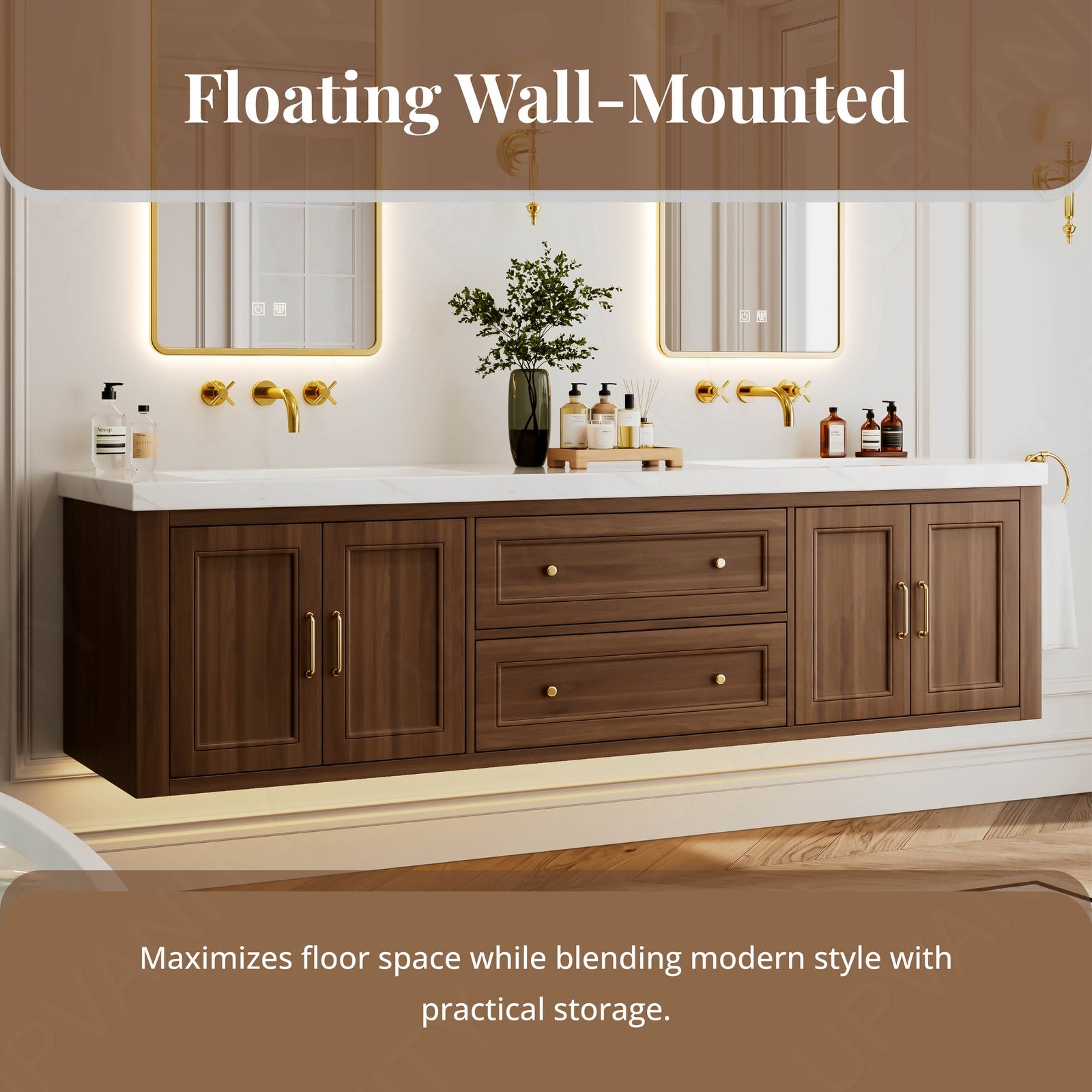 Modern Bath Vanity Set, Walnut , White Slate Top, 72"-104", Double, Floating, Gold Accents, Dual Smart LED Mirror