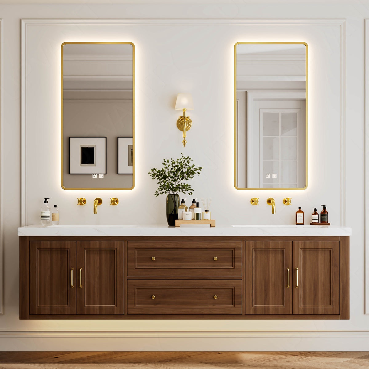 Modern Bath Vanity Set, Walnut , White Slate Top, 72"-104", Double, Floating, Gold Accents, Dual Smart LED Mirror