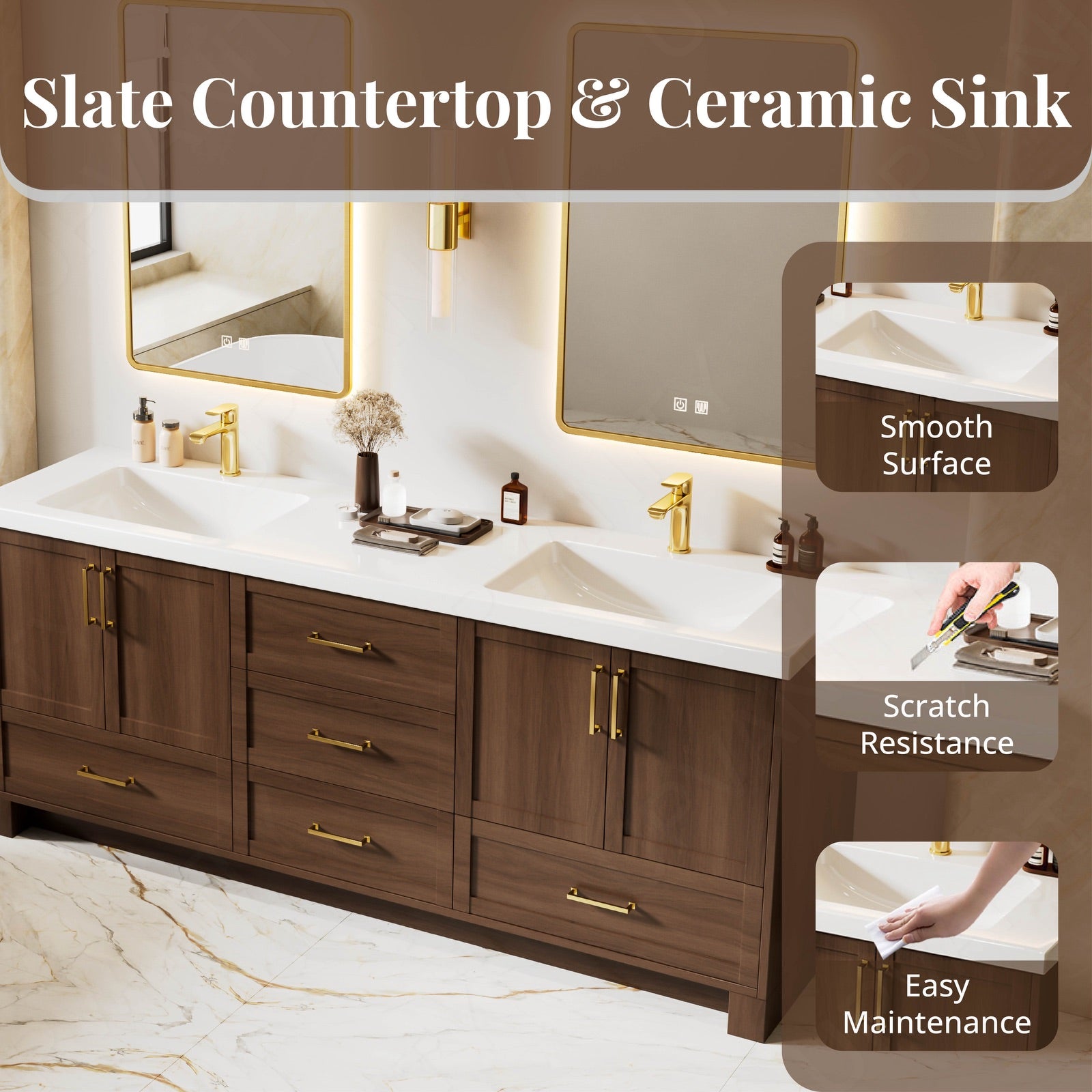 Modern Bath Vanity Set, Warm Walnut, White Slate Top, 72"-104", Double, Freestanding, Gold Accents, Dual Smart LED Mirror