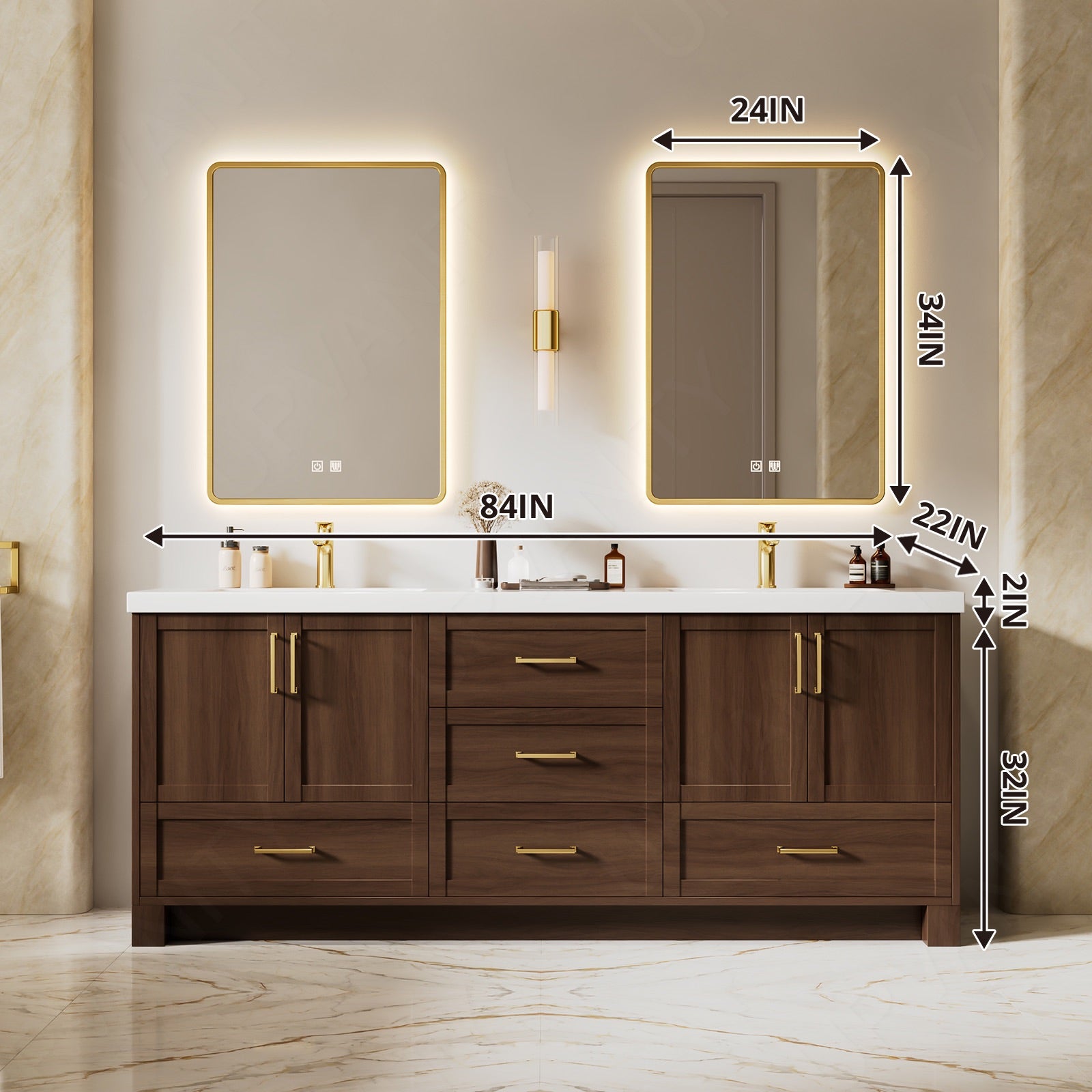 Modern Bath Vanity Set, Warm Walnut, White Slate Top, 72"-104", Double, Freestanding, Gold Accents, Dual Smart LED Mirror