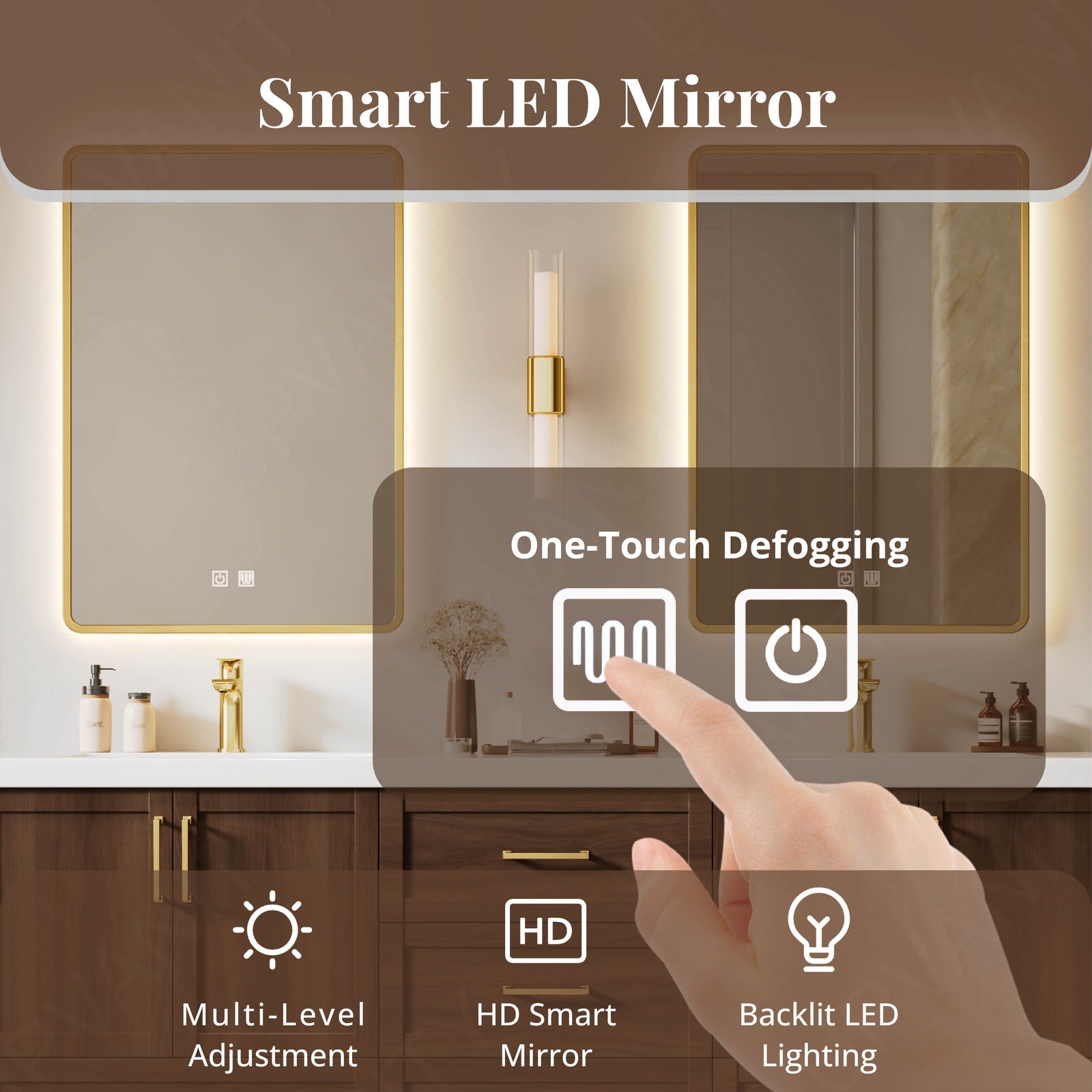 Modern Bath Vanity Set, Warm Walnut, White Slate Top, 72"-104", Double, Freestanding, Gold Accents, Dual Smart LED Mirror