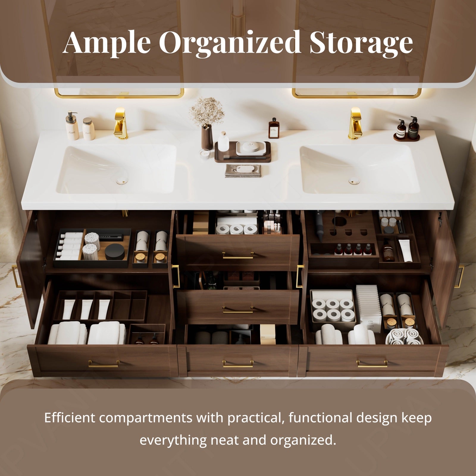 Modern Bath Vanity Set, Warm Walnut, White Slate Top, 72"-104", Double, Freestanding, Gold Accents, Dual Smart LED Mirror