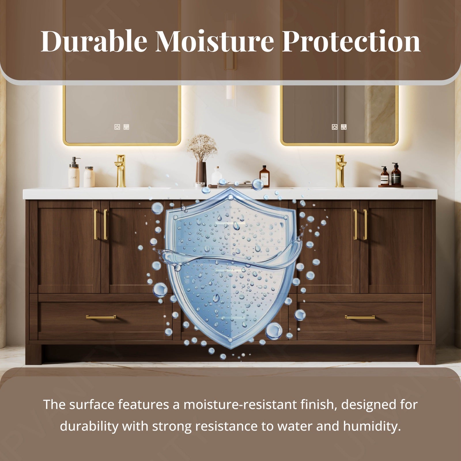 Modern Bath Vanity Set, Warm Walnut, White Slate Top, 72"-104", Double, Freestanding, Gold Accents, Dual Smart LED Mirror