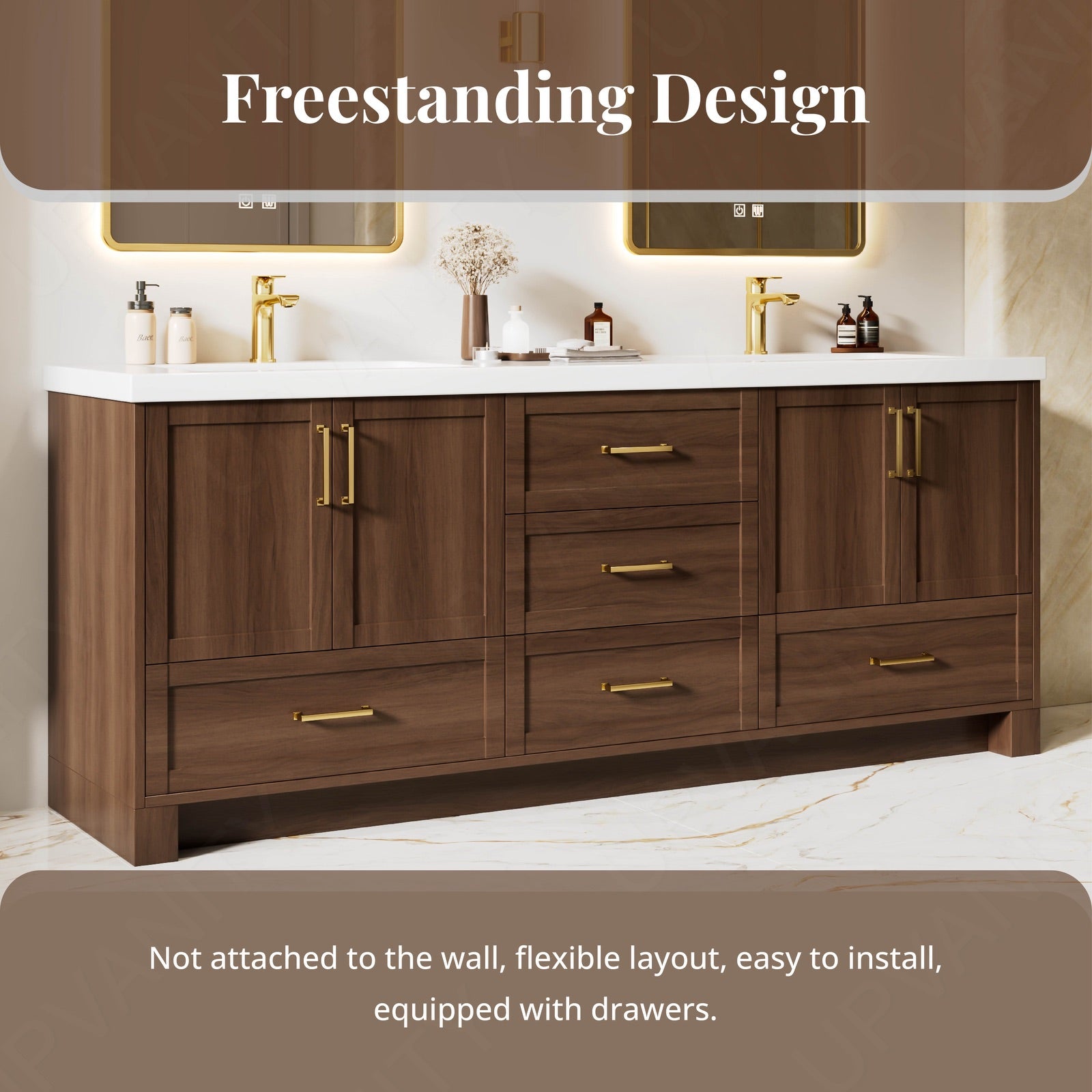 Modern Bath Vanity Set, Warm Walnut, White Slate Top, 72"-104", Double, Freestanding, Gold Accents, Dual Smart LED Mirror