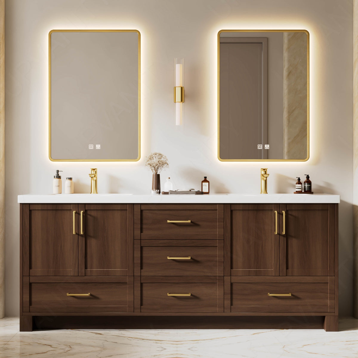 Modern Bath Vanity Set, Warm Walnut, White Slate Top, 72"-104", Double, Freestanding, Gold Accents, Dual Smart LED Mirror