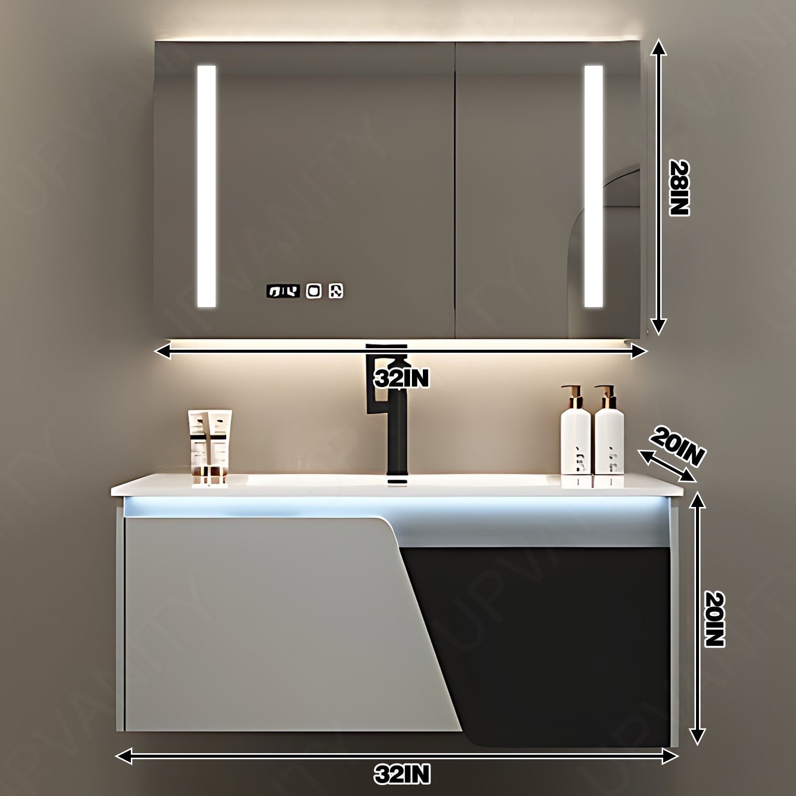 Modern Bath Vanity Set, White, Black Accents, 32"- 48", Single, Floating, Smart LED Mirror, Rear Cabinet