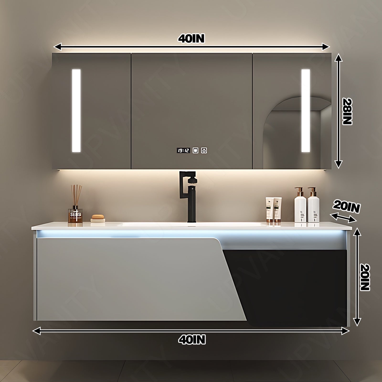 Modern Bath Vanity Set, White, Black Accents, 32"- 48", Single, Floating, Smart LED Mirror, Rear Cabinet