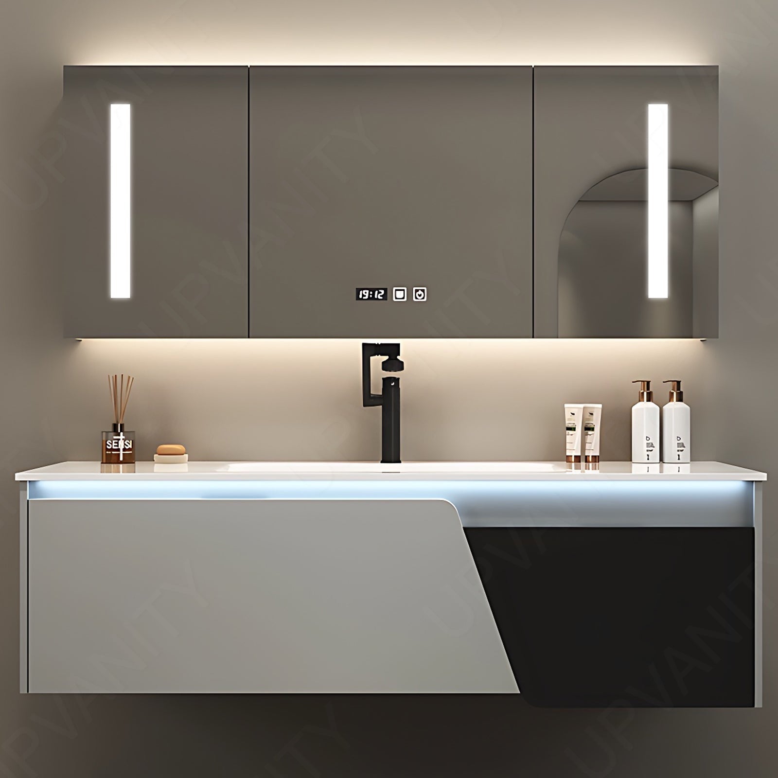 Modern Bath Vanity Set, White, Black Accents, 32"- 48", Single, Floating, Smart LED Mirror, Rear Cabinet