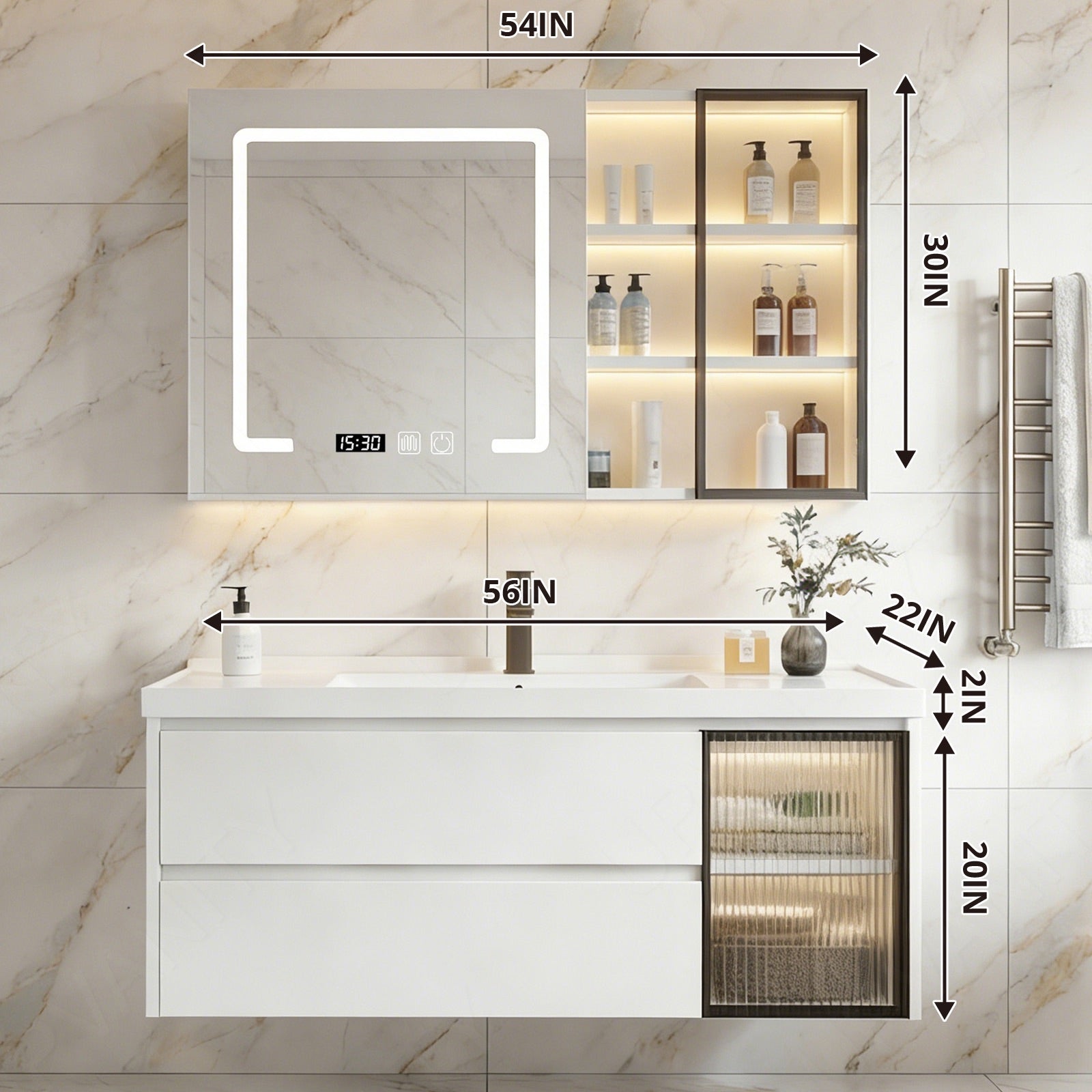 Modern Bath Vanity Set, White, Black Accents, 40"-56", Single, Floating, Glass Door, Smart LED Mirror, Rear/Side Cabinet