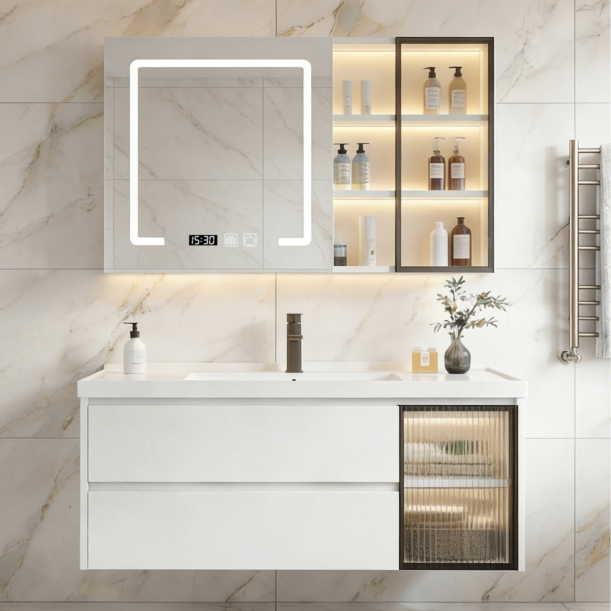 Modern Bath Vanity Set, White, Black Accents, 40"-56", Single, Floating, Glass Door, Smart LED Mirror, Rear/Side Cabinet