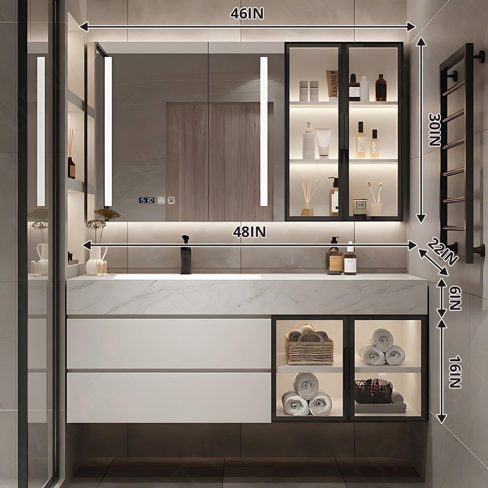 Modern Bath Vanity Set, White, Black Accents, Glass Door, 40"- 64", Single, Floating, Smart LED Mirror, Rear and Side Cabinets