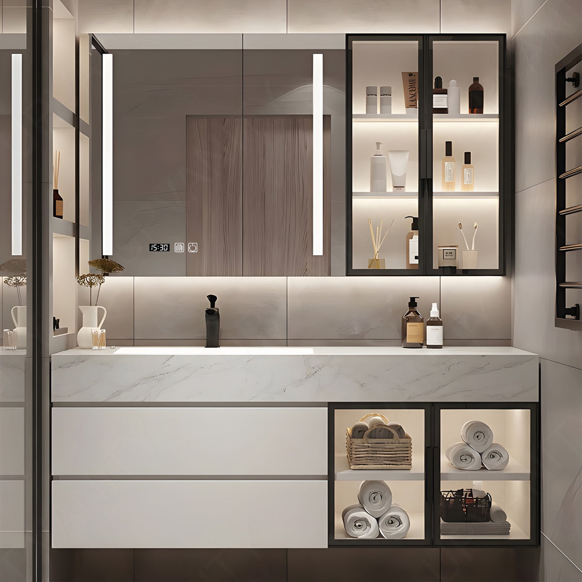 Modern Bath Vanity Set, White, Black Accents, Glass Door, 40"- 64", Single, Floating, Smart LED Mirror, Rear and Side Cabinets