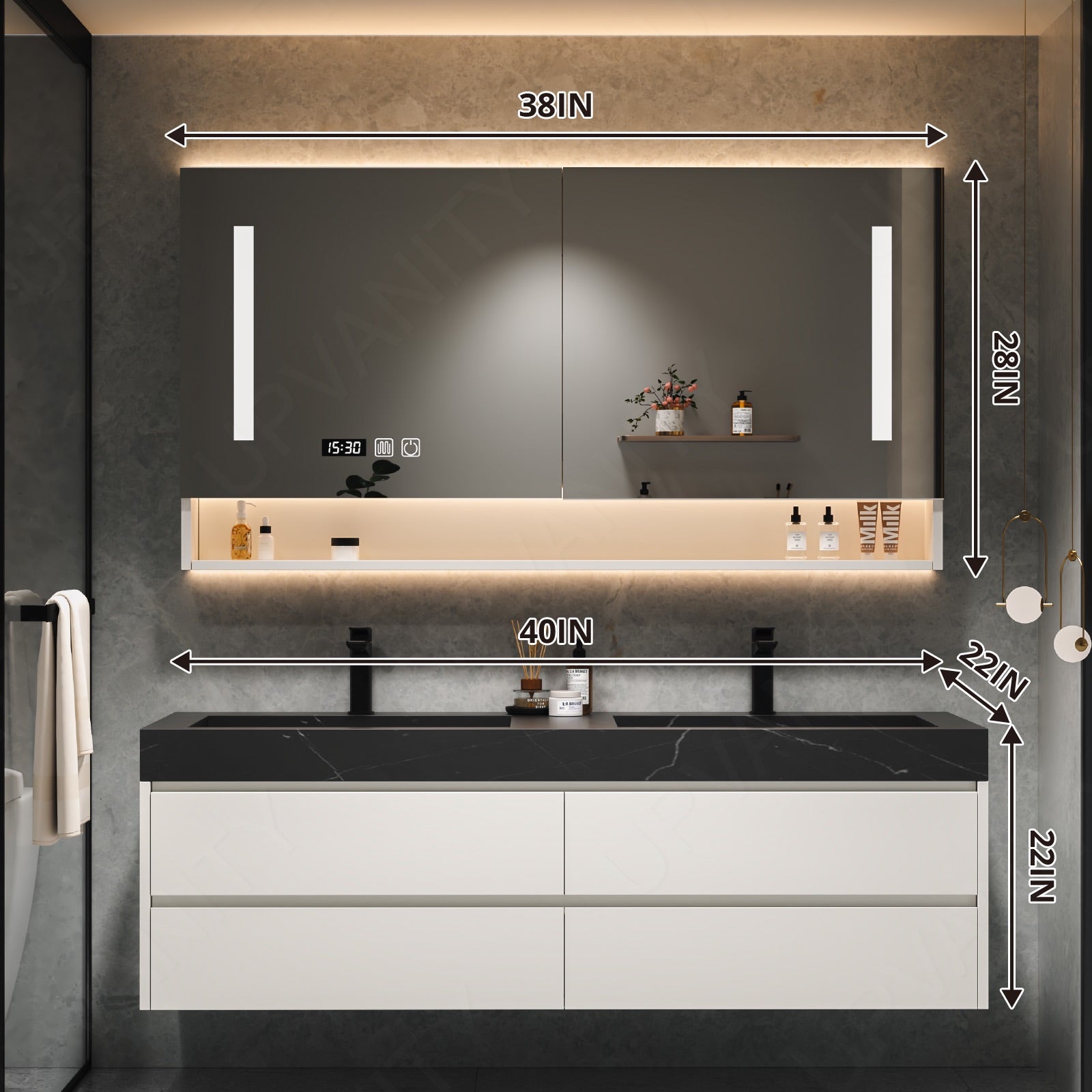 Modern Bath Vanity Set, White, Black Slate Top, 40"-64", Double, Floating, Smart LED Mirror, Rear Cabinet