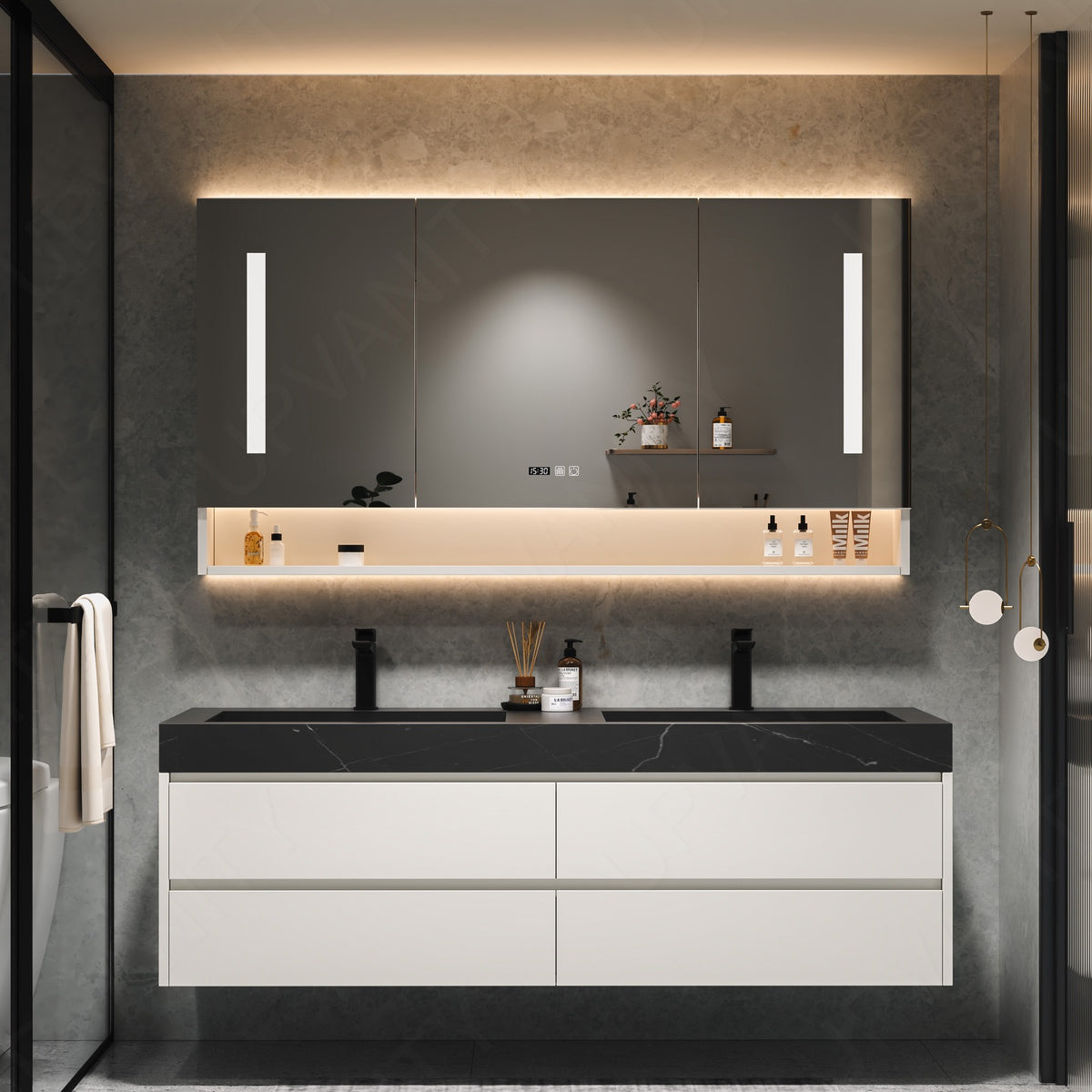 Modern Bath Vanity Set, White, Black Slate Top, 40"-64", Double, Floating, Smart LED Mirror, Rear Cabinet
