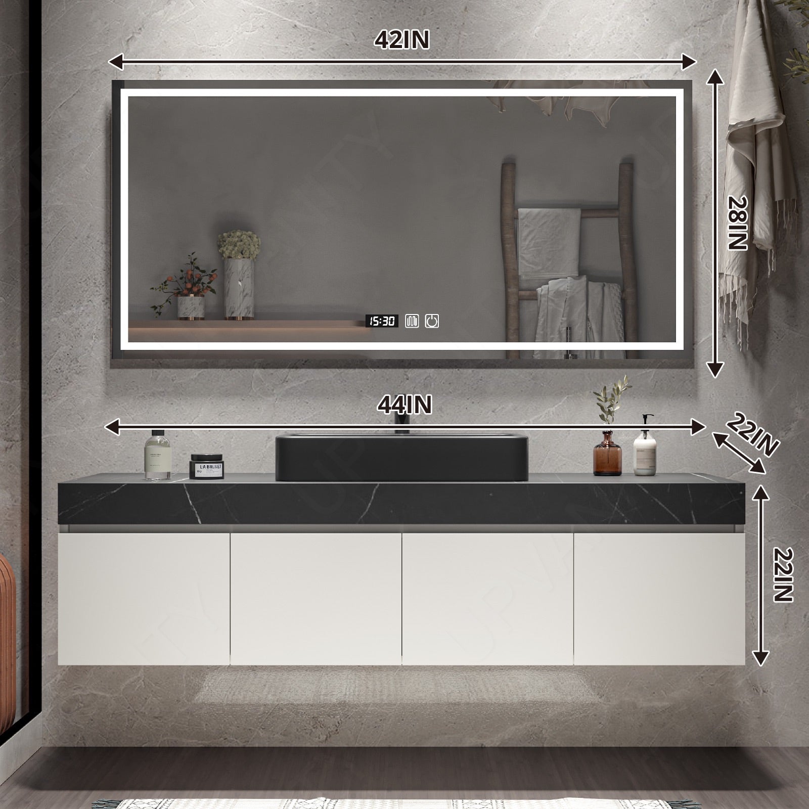 Modern Bath Vanity Set, White, Black Slate Top, 40"-64", Single Vessel Sink, Floating, Sectional Storage, Smart LED Mirror