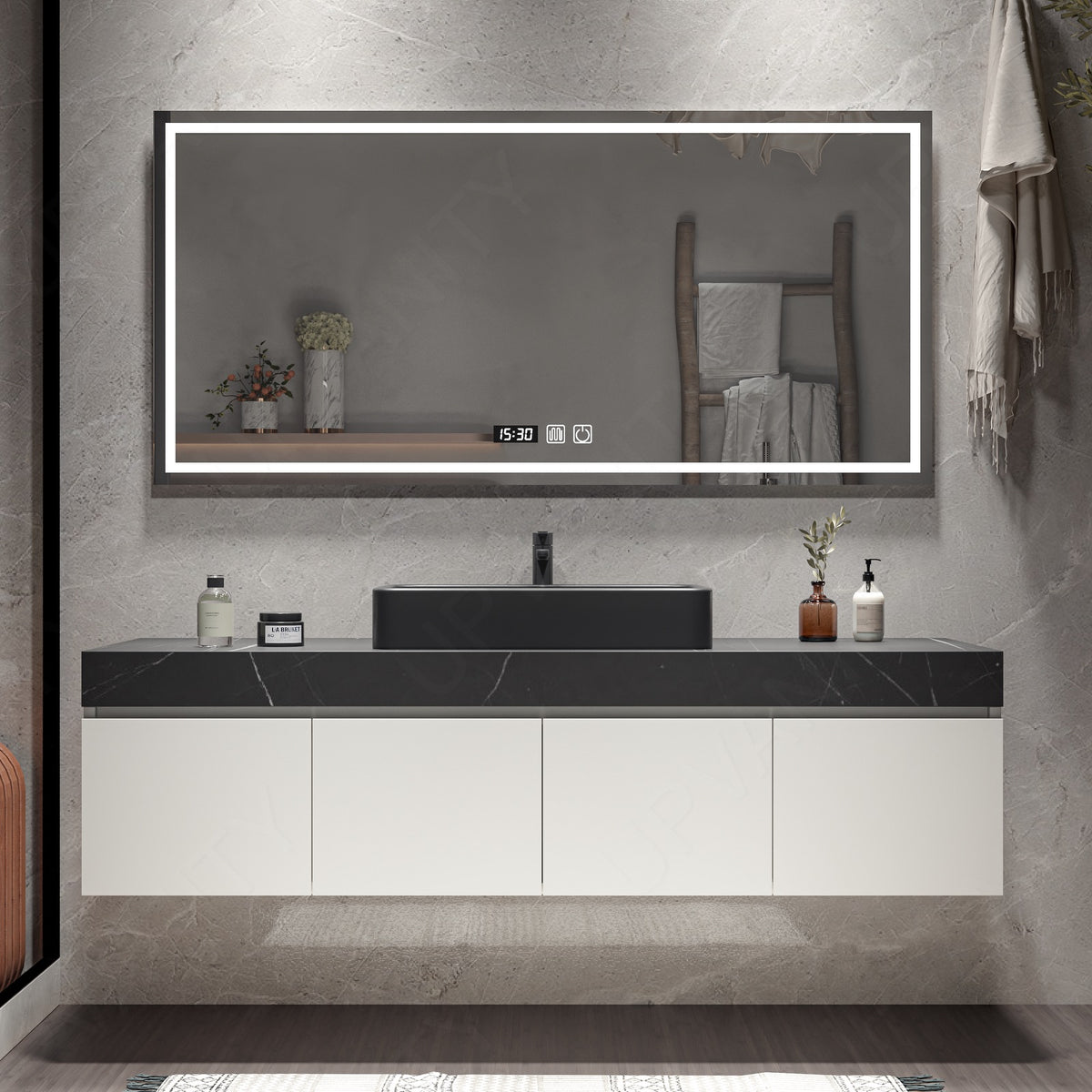 Modern Bath Vanity Set, White, Black Slate Top, 40"-64", Single Vessel Sink, Floating, Sectional Storage, Smart LED Mirror