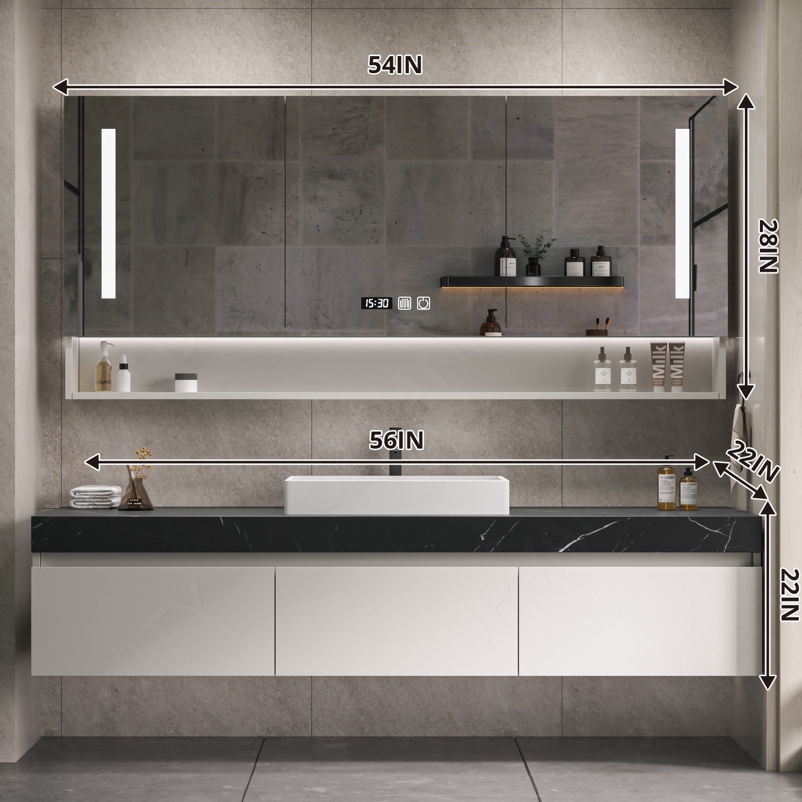 Modern Bath Vanity Set, White, Black Slate Top, 40"-64", Single Vessel Sink, Floating, Smart LED Mirror, Rear Cabinet
