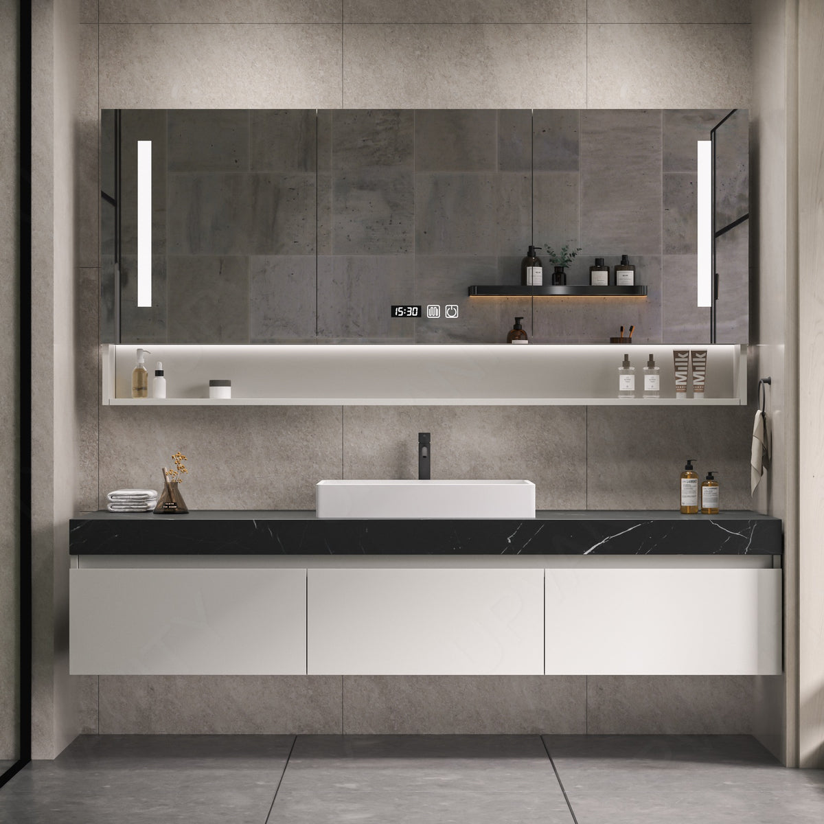 Modern Bath Vanity Set, White, Black Slate Top, 40"-64", Single Vessel Sink, Floating, Smart LED Mirror, Rear Cabinet