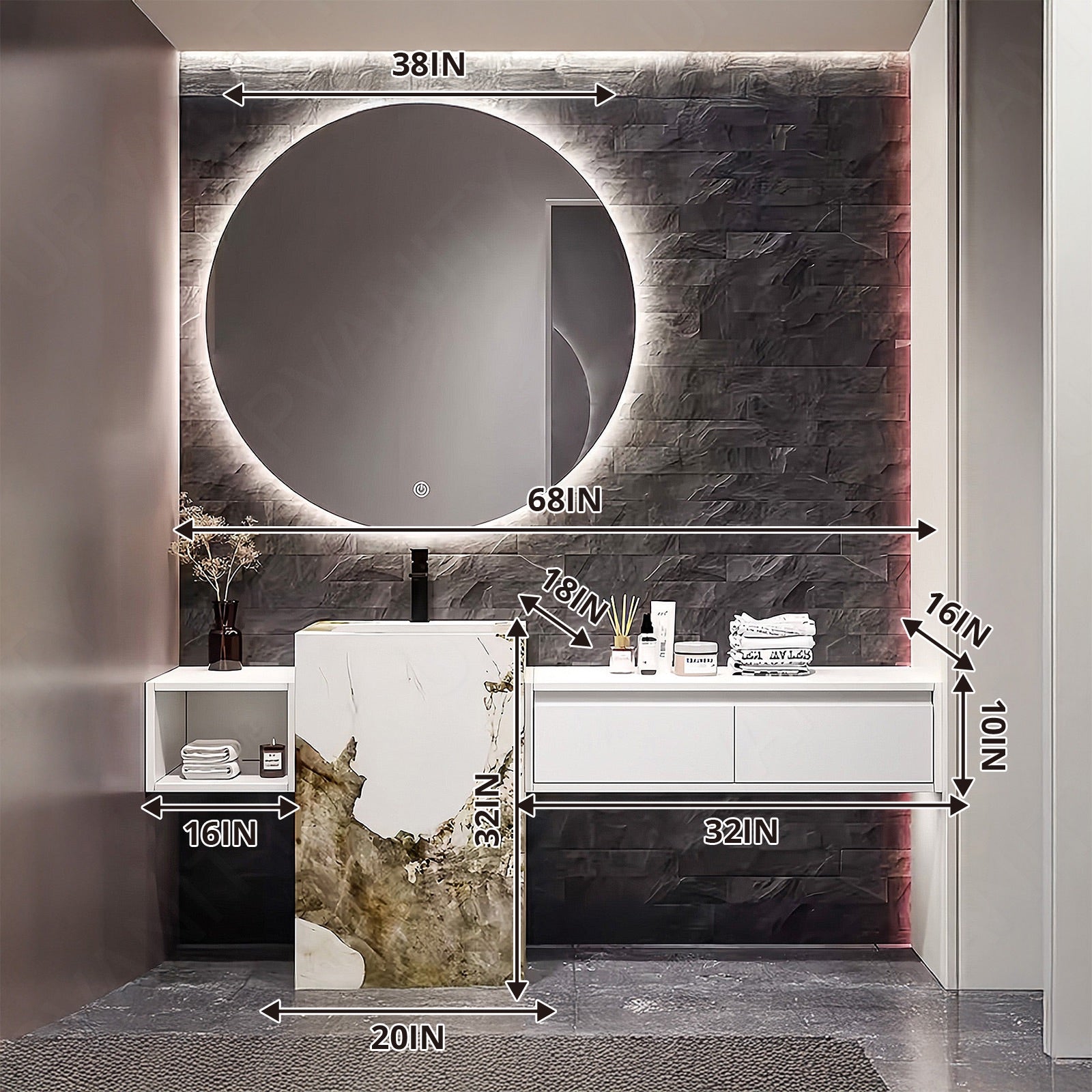 Modern Bath Vanity Set, White, Brown Textured Column, 56"- 72", Single, Freestanding, Round Smart LED Mirror