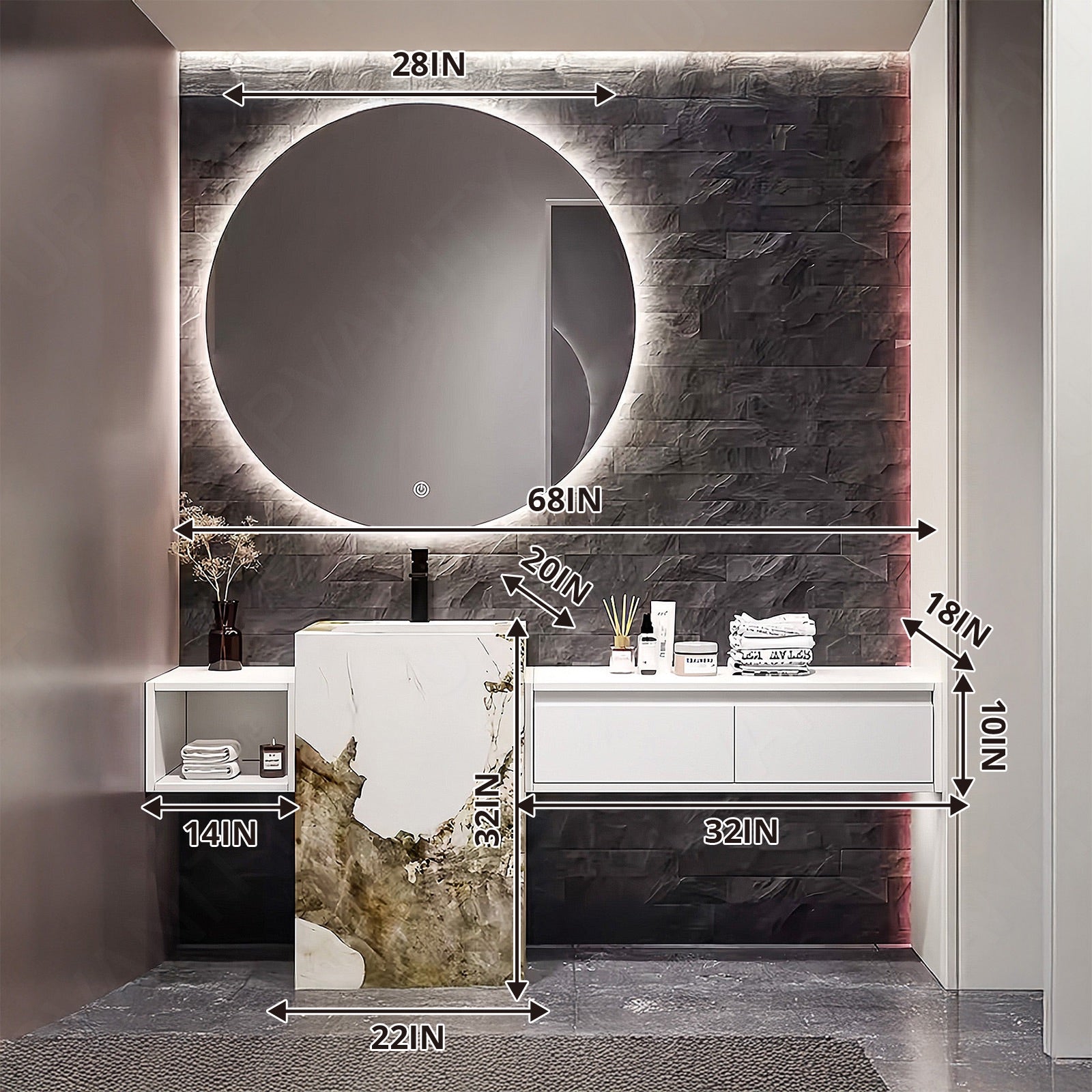 Modern Bath Vanity Set, White, Brown Textured Column, 64"- 76", Single, Freestanding, Round Smart LED Mirror