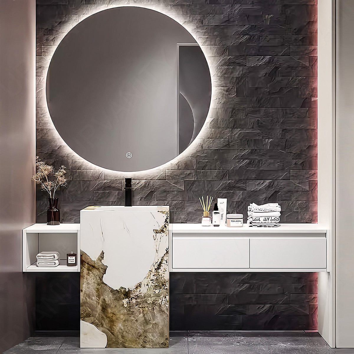 Modern Bath Vanity Set, White, Brown Textured Column, 64"- 76", Single, Freestanding, Round Smart LED Mirror