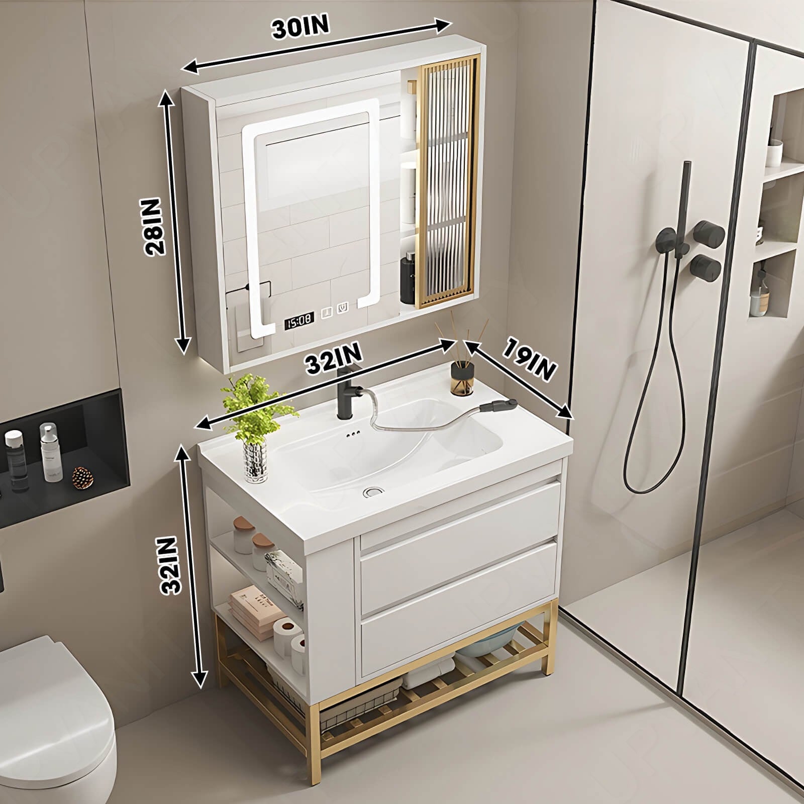 Modern Bath Vanity Set, White, Glass Door, 32"- 44", Single, Freestanding, Smart LED Mirror, Side Cabinet