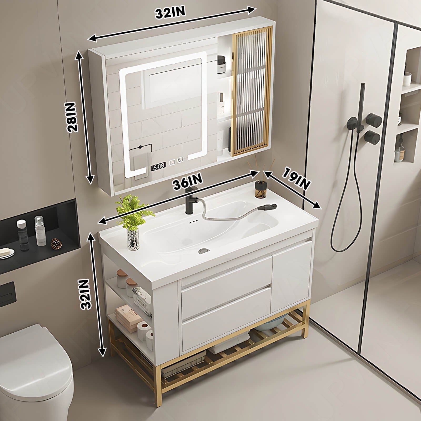 Modern Bath Vanity Set, White, Glass Door, 32"- 44", Single, Freestanding, Smart LED Mirror, Side Cabinet