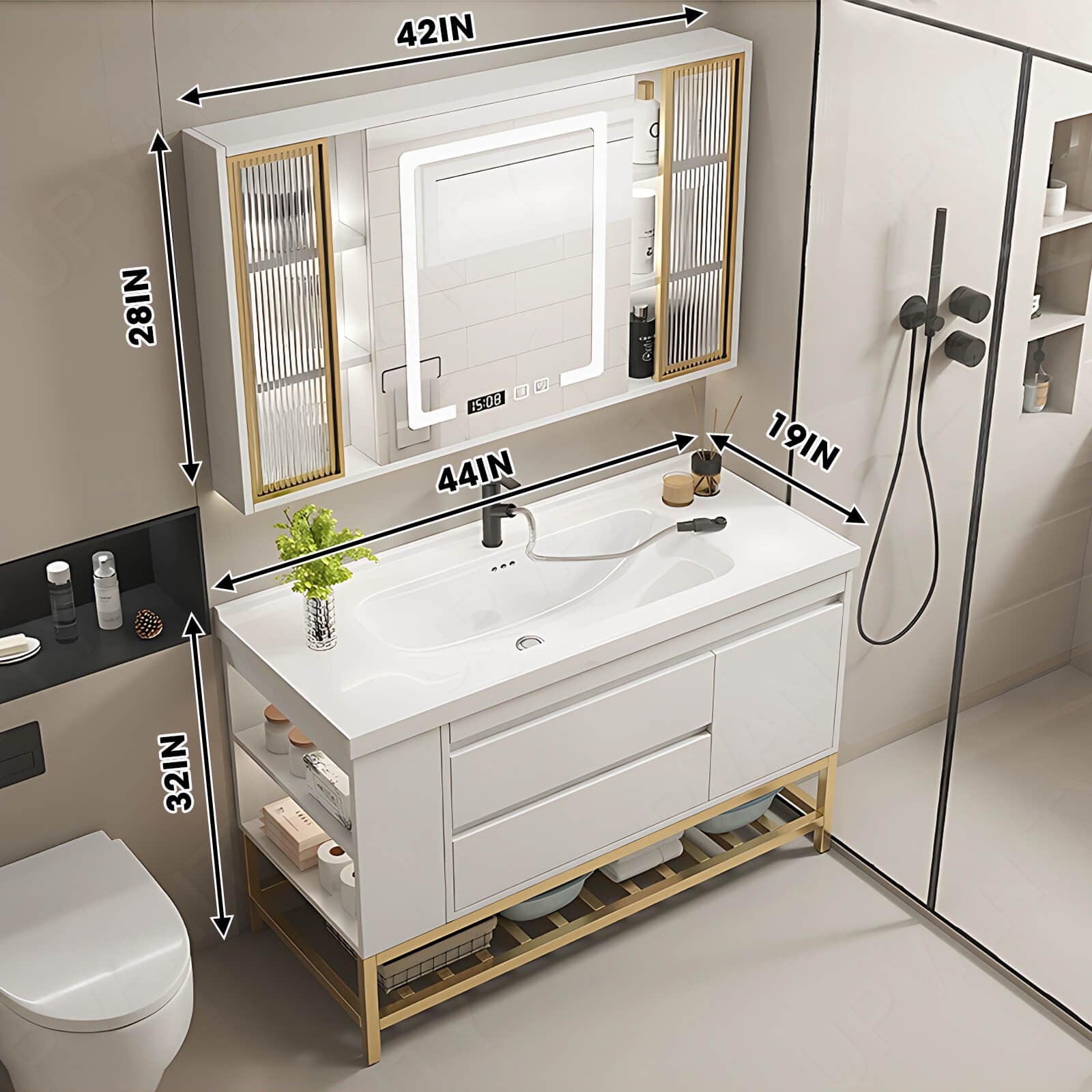 Modern Bath Vanity Set, White, Glass Door, 32"- 44", Single, Freestanding, Smart LED Mirror, Side Cabinet