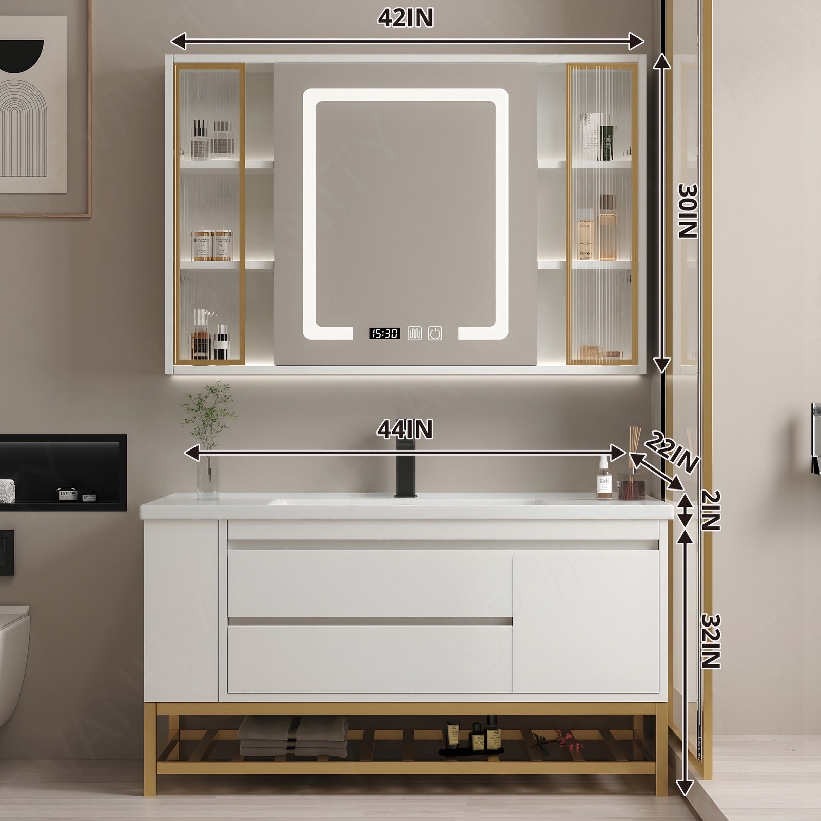 Modern Bath Vanity Set, White, Glass Door, 32"- 44", Single, Freestanding, Smart LED Mirror, Side Cabinet