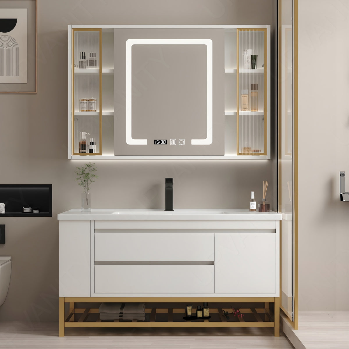 Modern Bath Vanity Set, White, Glass Door, 32"- 44", Single, Freestanding, Smart LED Mirror, Side Cabinet