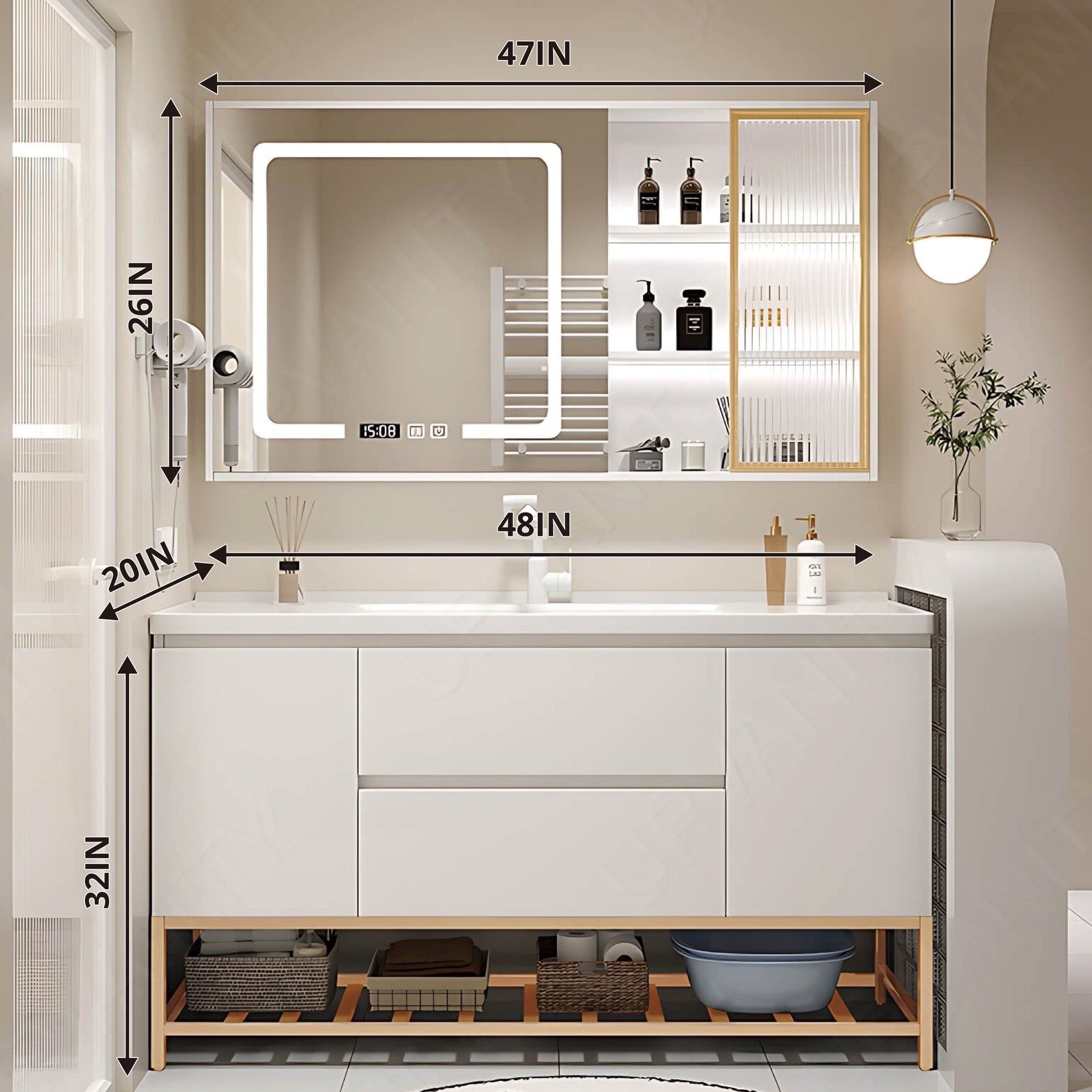 Modern Bath Vanity Set, White, Glass Door, 32"- 48", Single, Freestanding, Smart LED Mirror, Side Cabinet