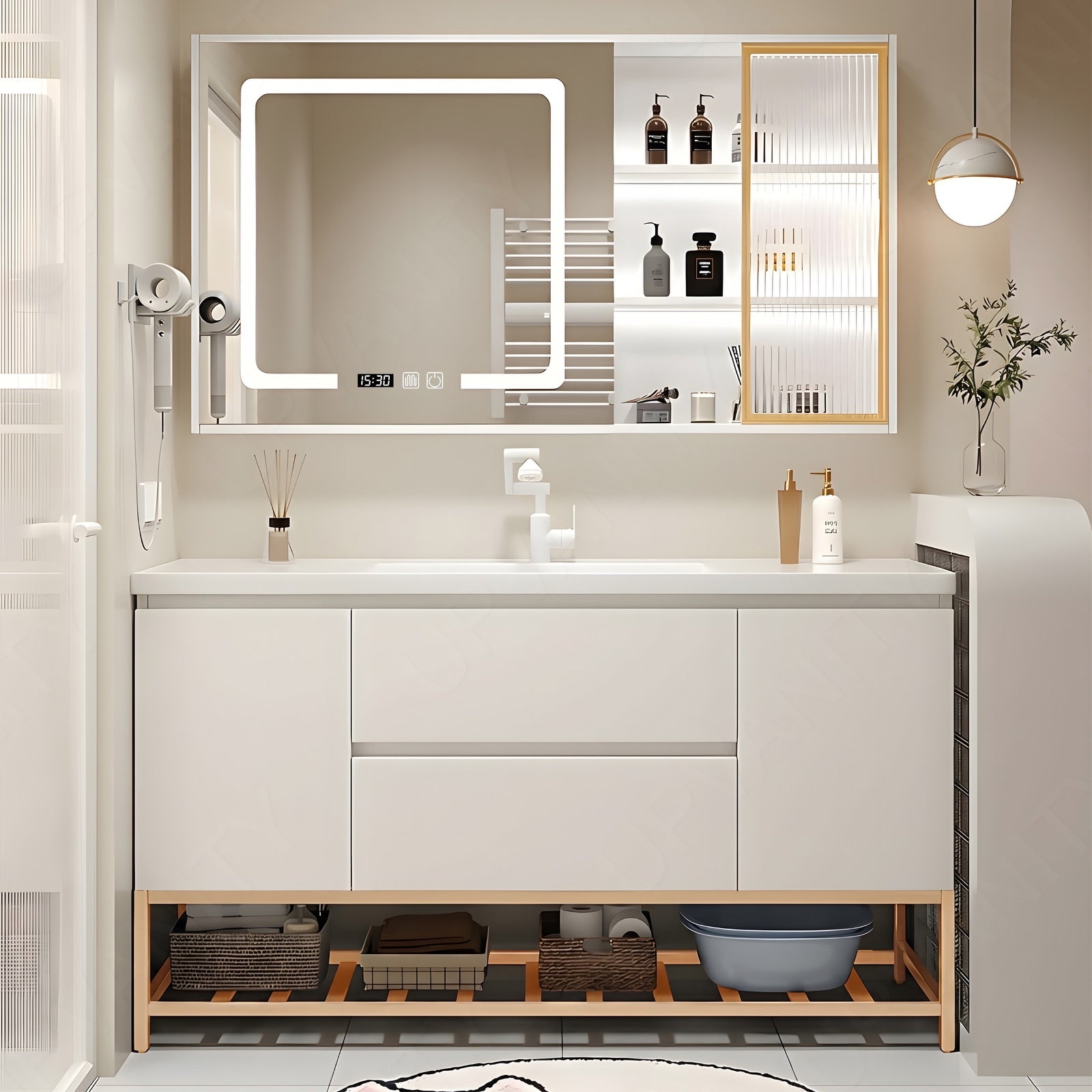 Modern Bath Vanity Set, White, Glass Door, 32"- 48", Single, Freestanding, Smart LED Mirror, Side Cabinet