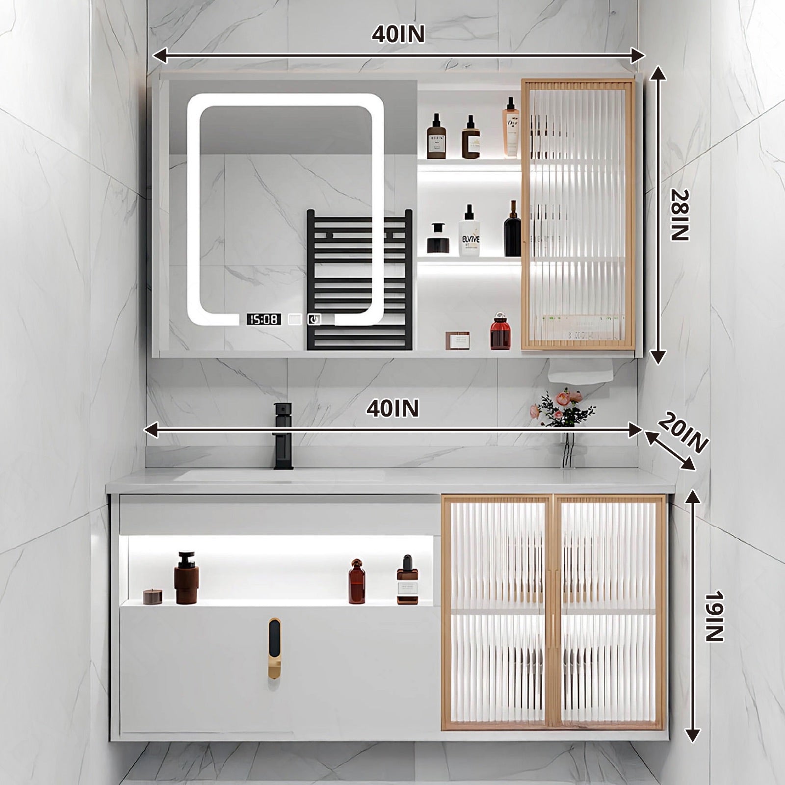 Modern Bath Vanity Set, White, Gold Accents, 36"- 52", Single, Floating, Smart LED Mirror, Glass Door, Side Cabinet