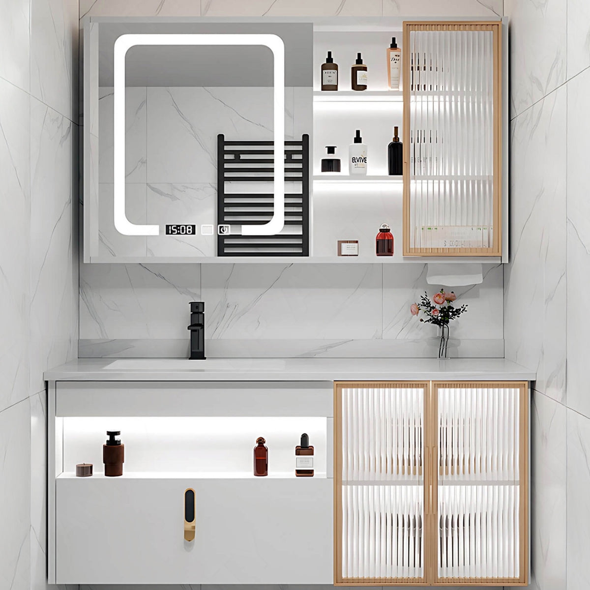 Modern Bath Vanity Set, White, Gold Accents, 36"- 52", Single, Floating, Smart LED Mirror, Glass Door, Side Cabinet