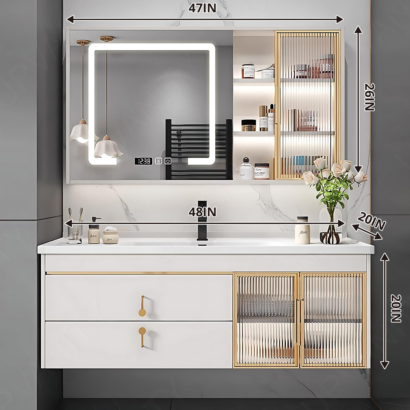 Modern Bath Vanity Set, White, White Slate Top, 44"- 48", Single, Floating, Glass Door, Smart LED Mirror, Rear/Side Cabinet