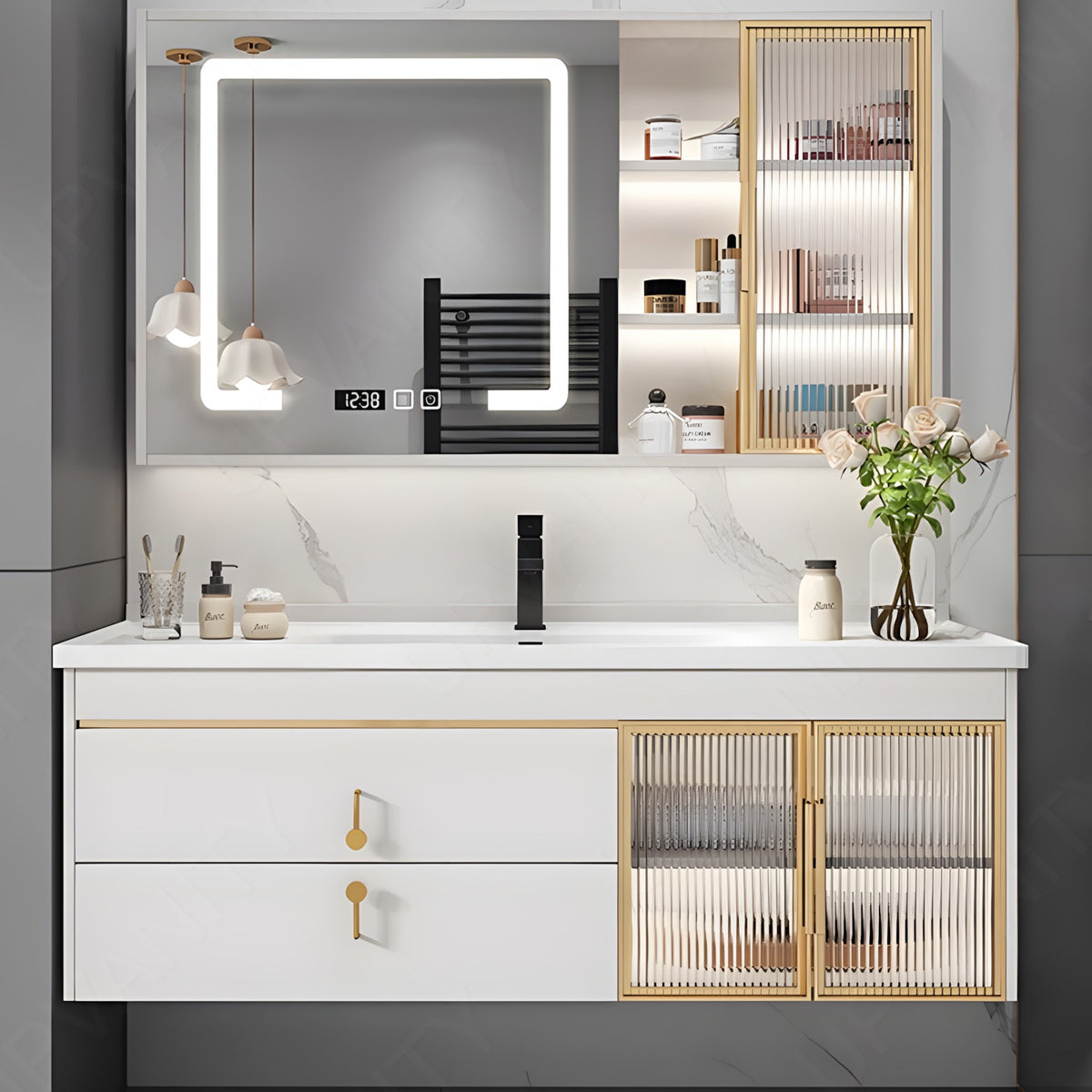 Modern Bath Vanity Set, White, White Slate Top, 44"- 48", Single, Floating, Glass Door, Smart LED Mirror, Rear/Side Cabinet