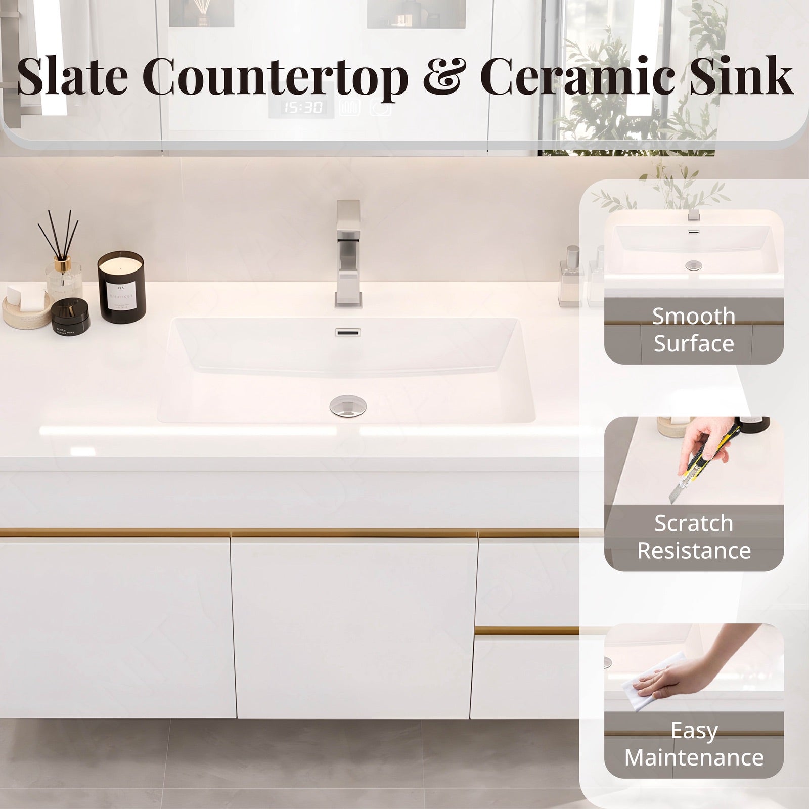 Modern Bath Vanity Set, White, Gold Accents, 44"-64", Single, Floating, Smart LED Mirror, Rear Cabinet