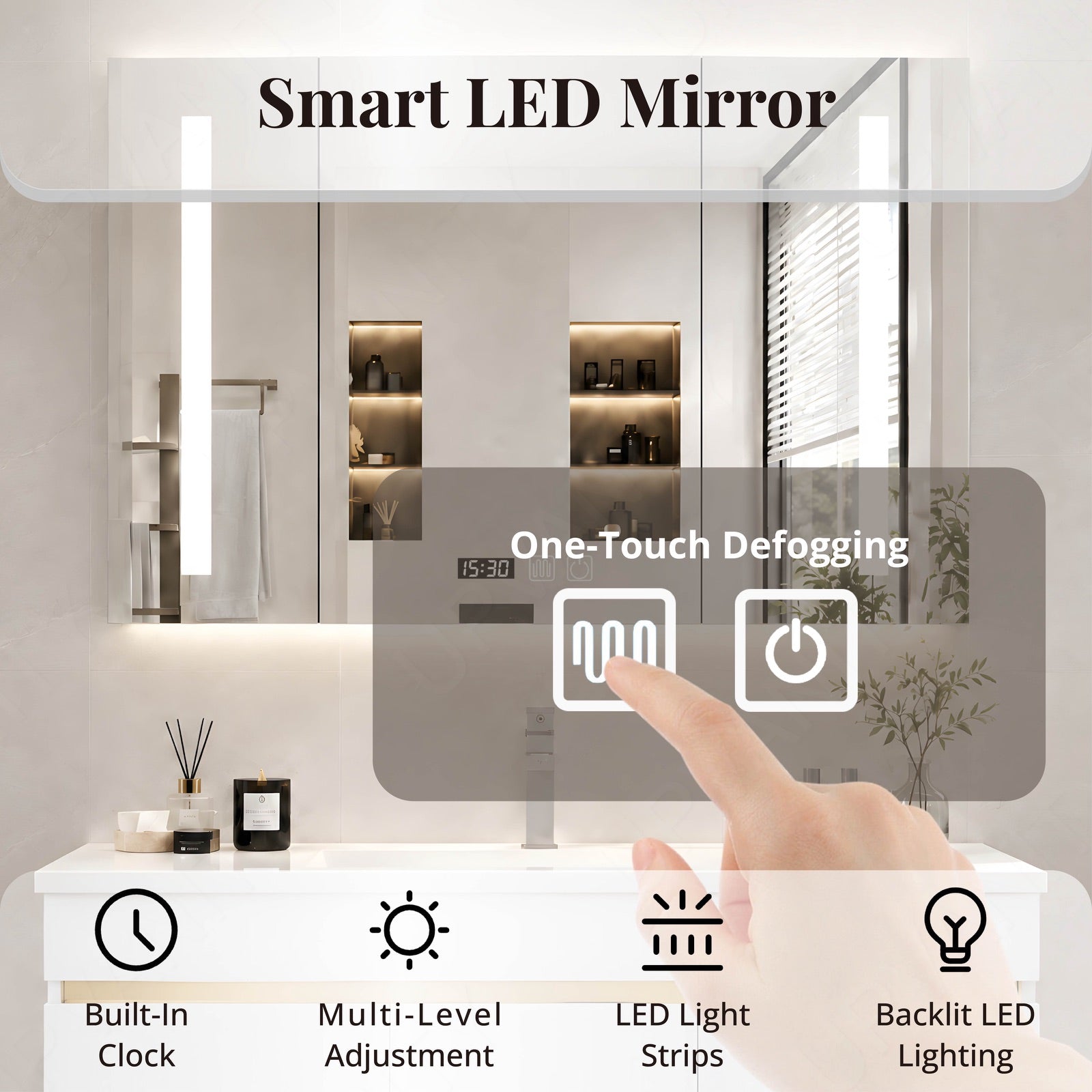 Modern Bath Vanity Set, White, Gold Accents, 44"-64", Single, Floating, Smart LED Mirror, Rear Cabinet