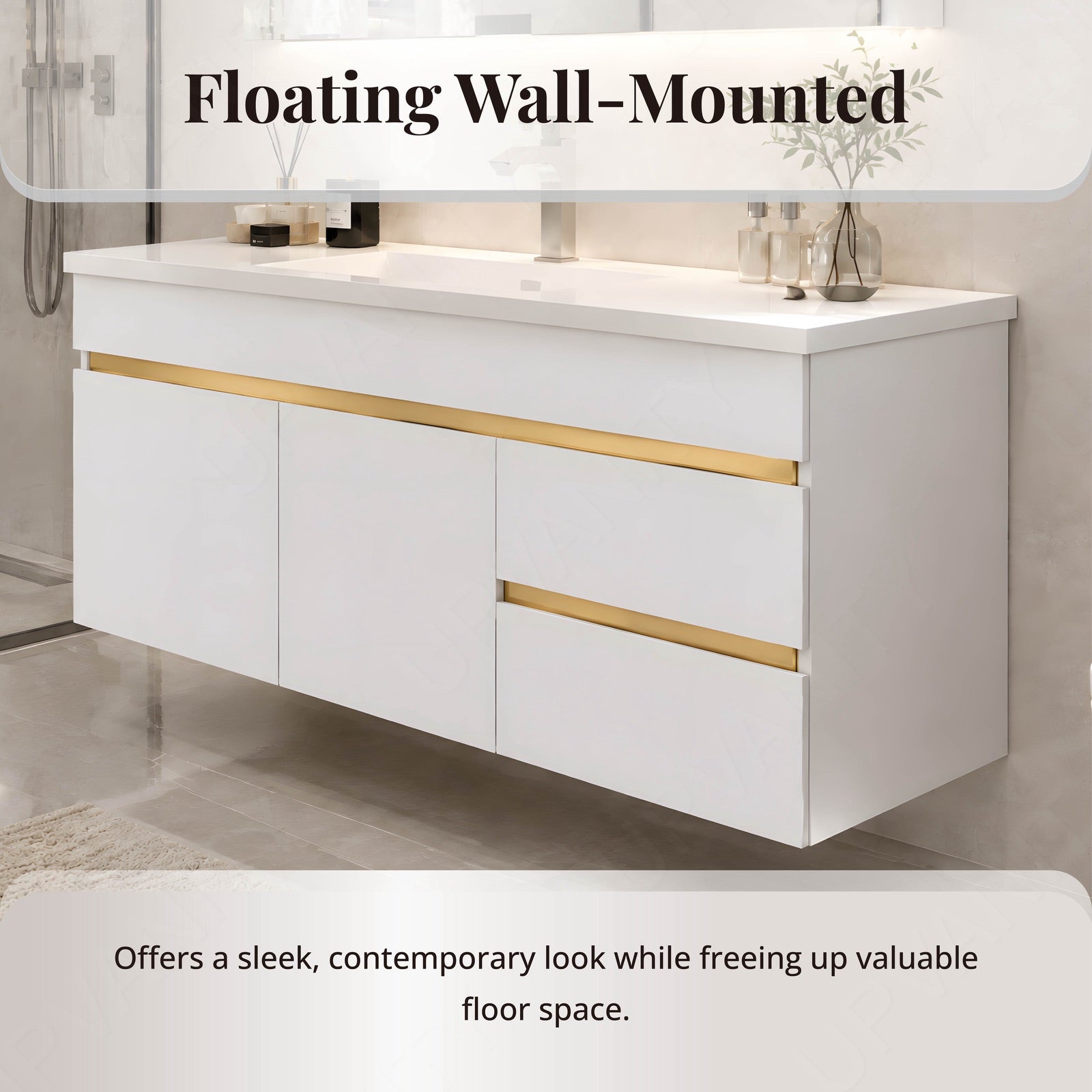 Modern Bath Vanity Set, White, Gold Accents, 44"-64", Single, Floating, Smart LED Mirror, Rear Cabinet