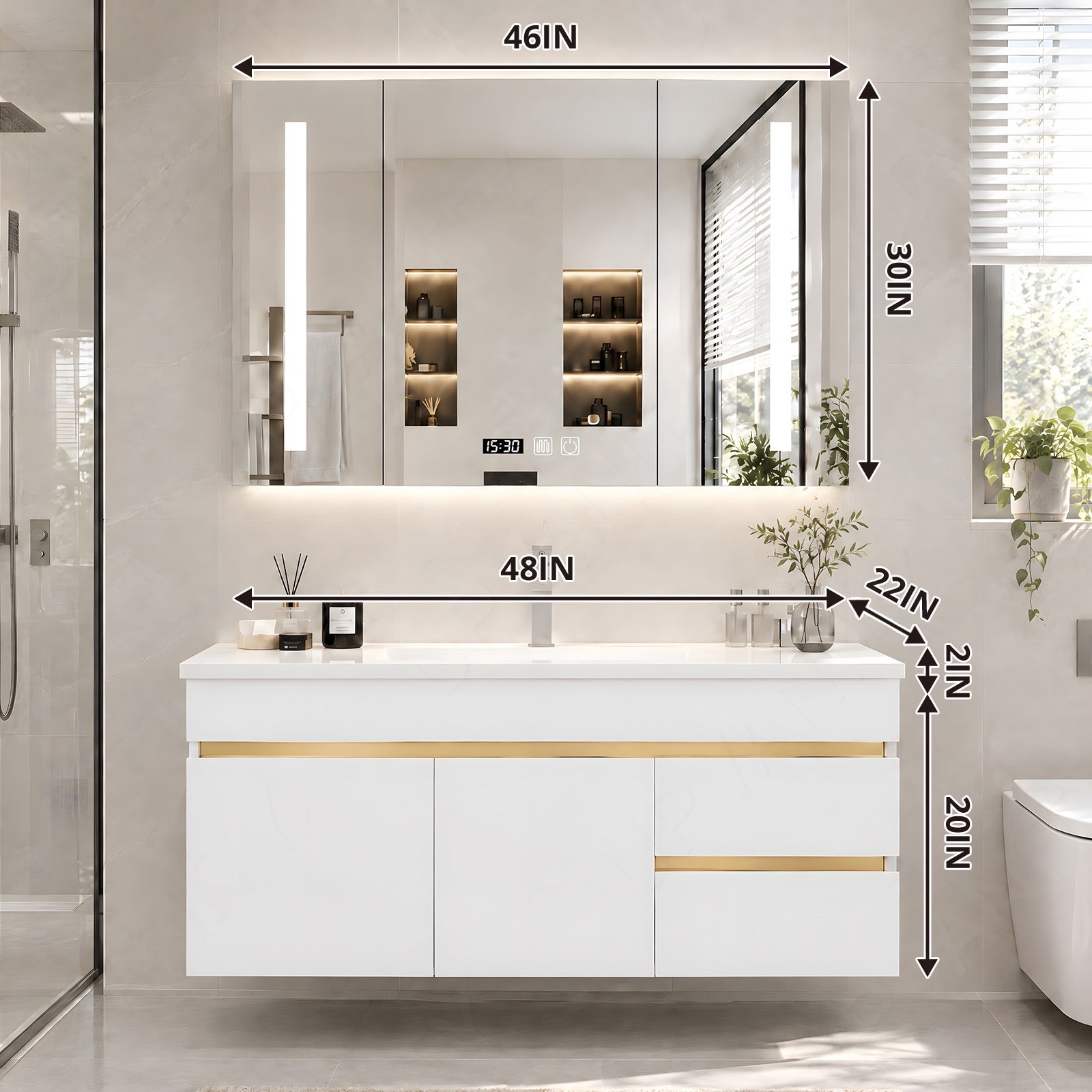 Modern Bath Vanity Set, White, Gold Accents, 44"-64", Single, Floating, Smart LED Mirror, Rear Cabinet